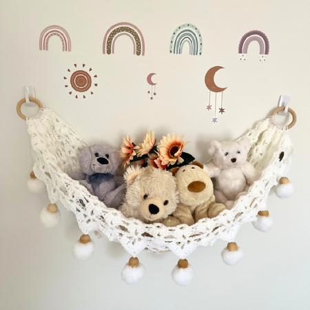 White Pom Pom Toy Hammock, Wall Hanging, Nursery Decor, Kids Room Hanging