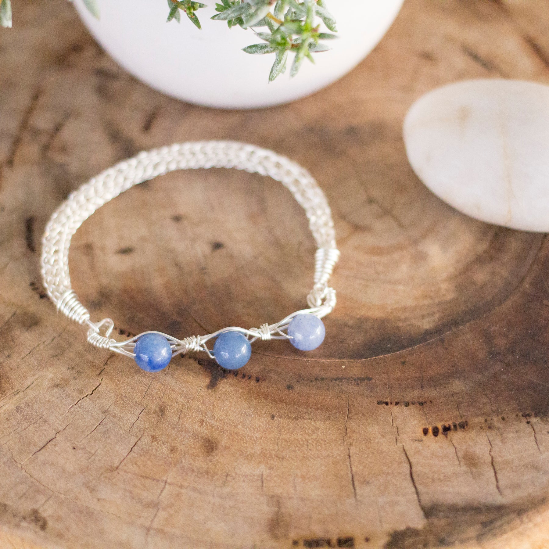 Blue Aventurine Silver Wire Knitted Bangle Bracelet