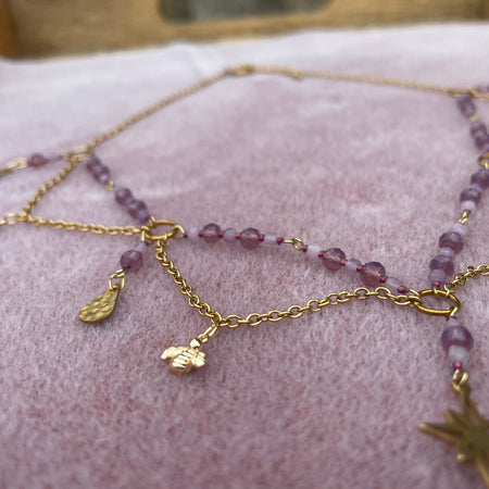 Pink and gold beaded bee charm necklace
