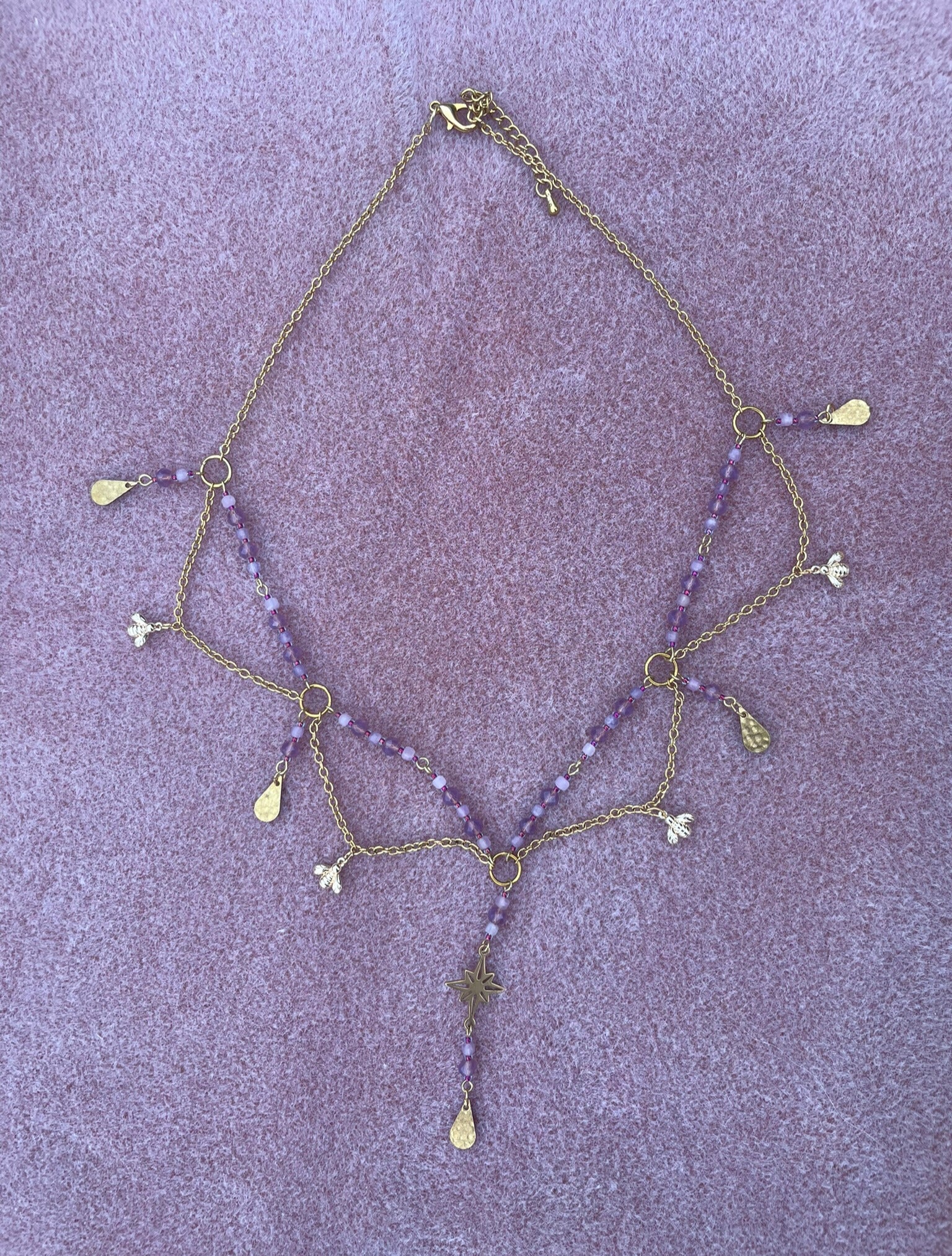 Pink and gold beaded bee charm necklace