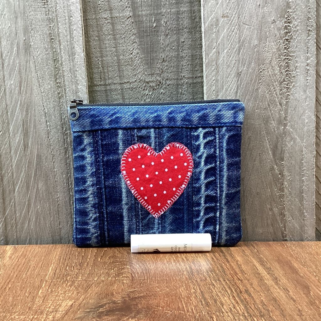 Upcycled Denim Cuff Coin Purse – Red Polka Dot Heart