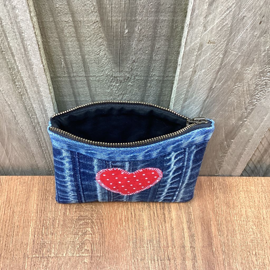 Upcycled Denim Cuff Coin Purse – Red Polka Dot Heart