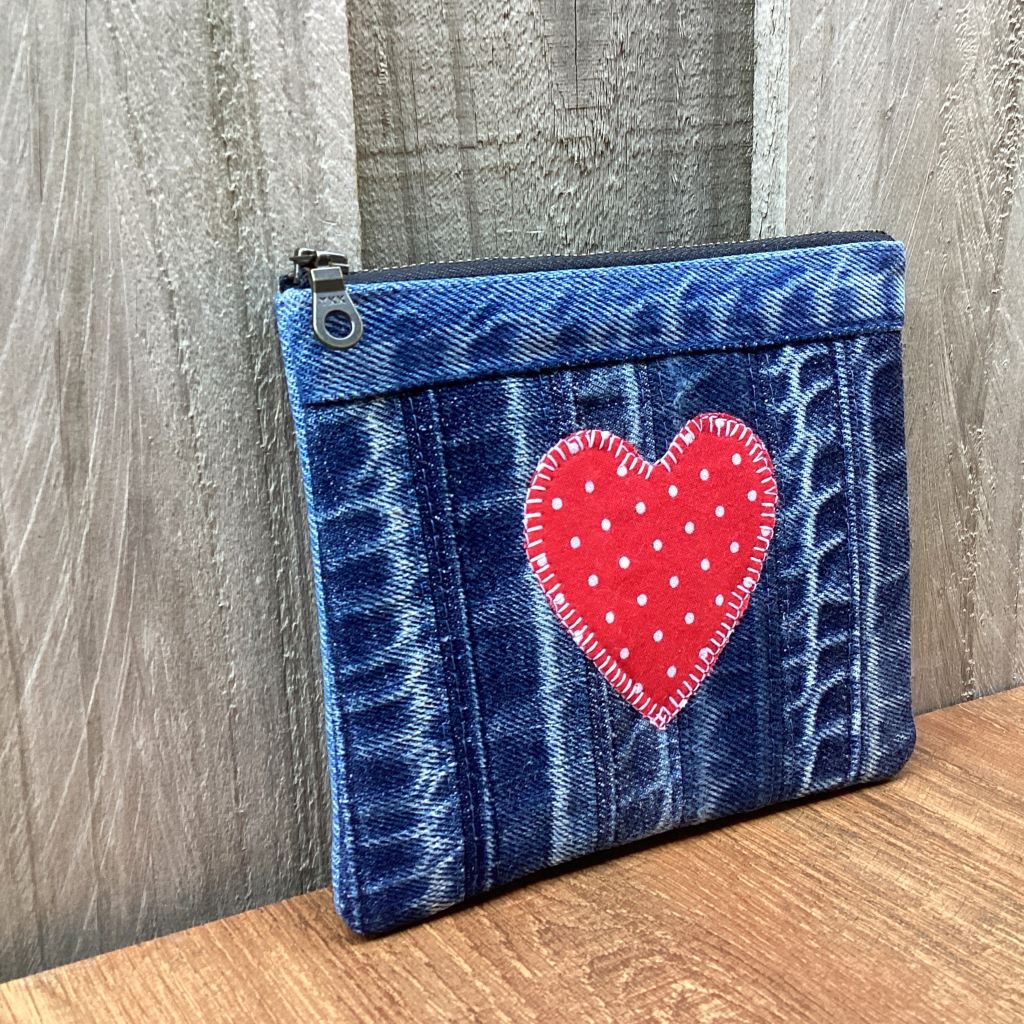 Upcycled Denim Cuff Coin Purse – Red Polka Dot Heart