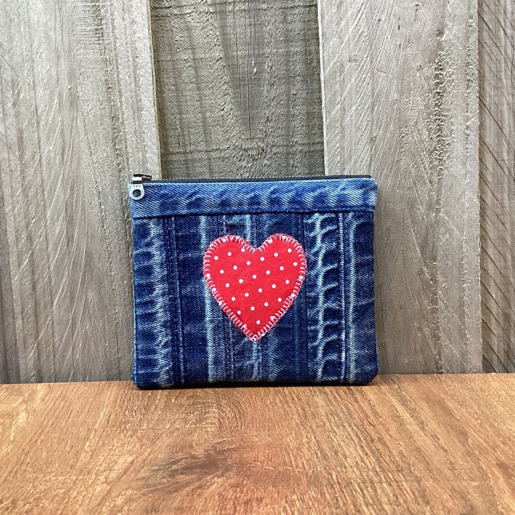 Upcycled Denim Cuff Coin Purse – Red Polka Dot Heart