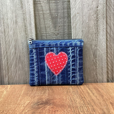 Upcycled Denim Cuff Coin Purse – Red Polka Dot Heart