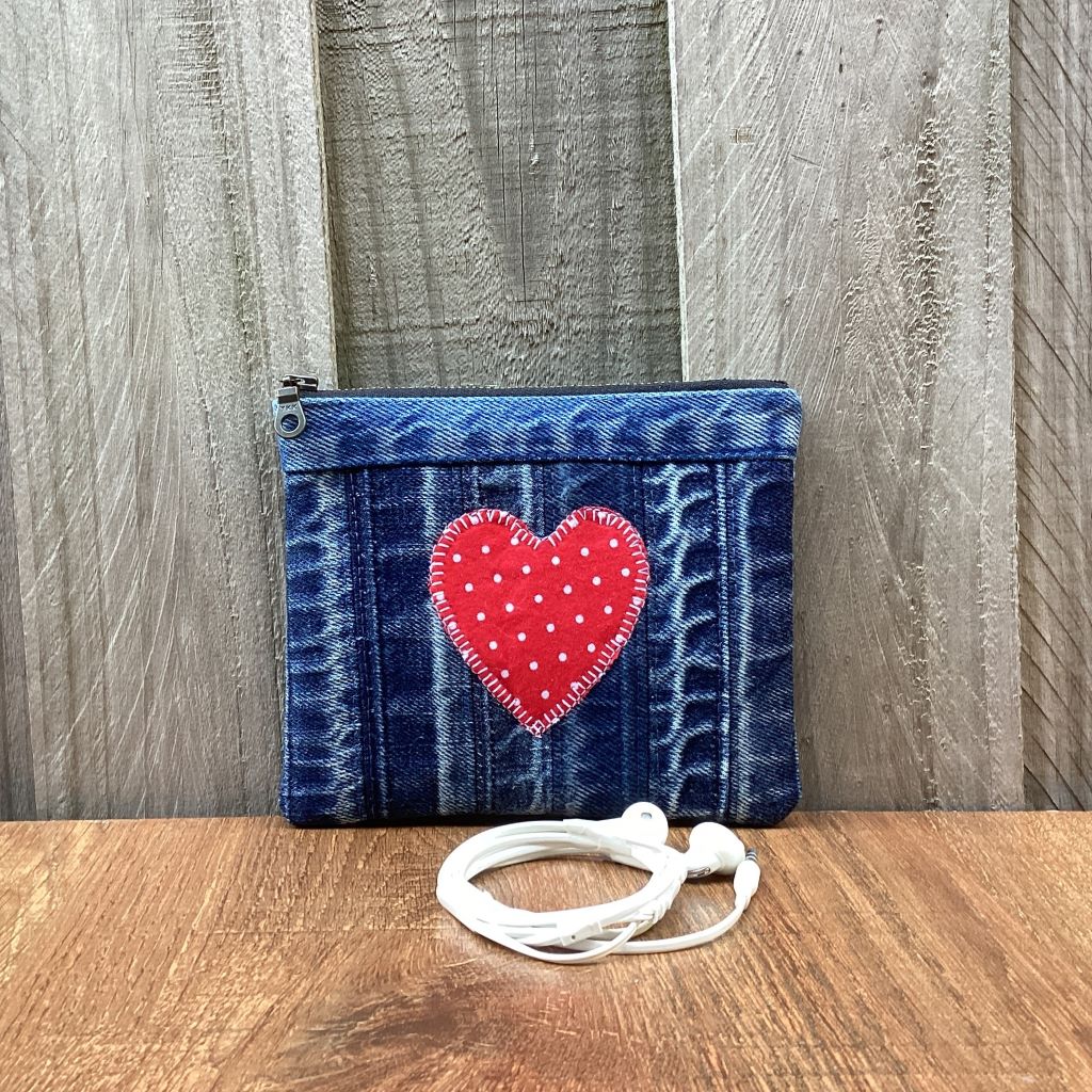 Upcycled Denim Cuff Coin Purse – Red Polka Dot Heart