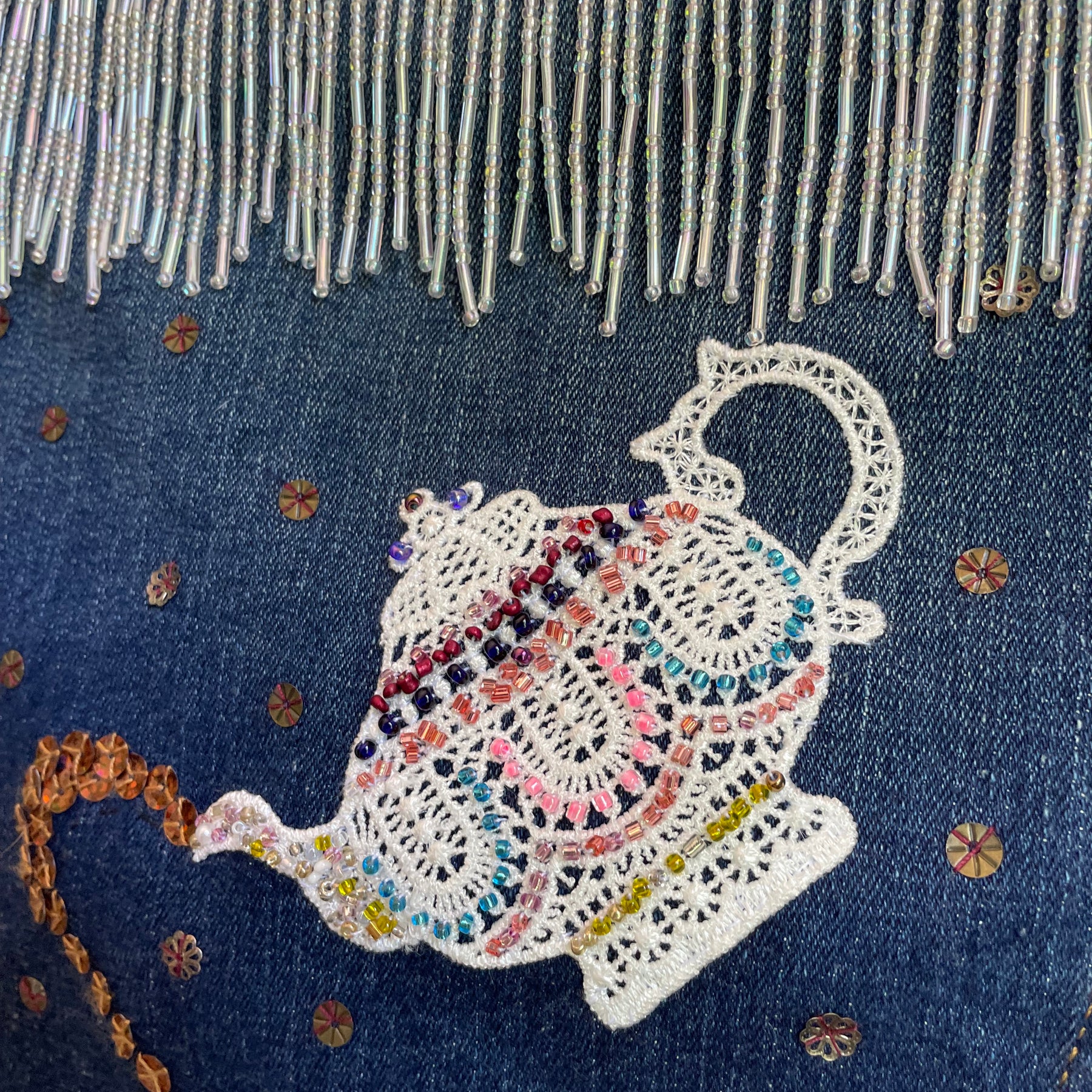 Upcycled Denim Jacket, Hand Beaded Teapot Embroidery