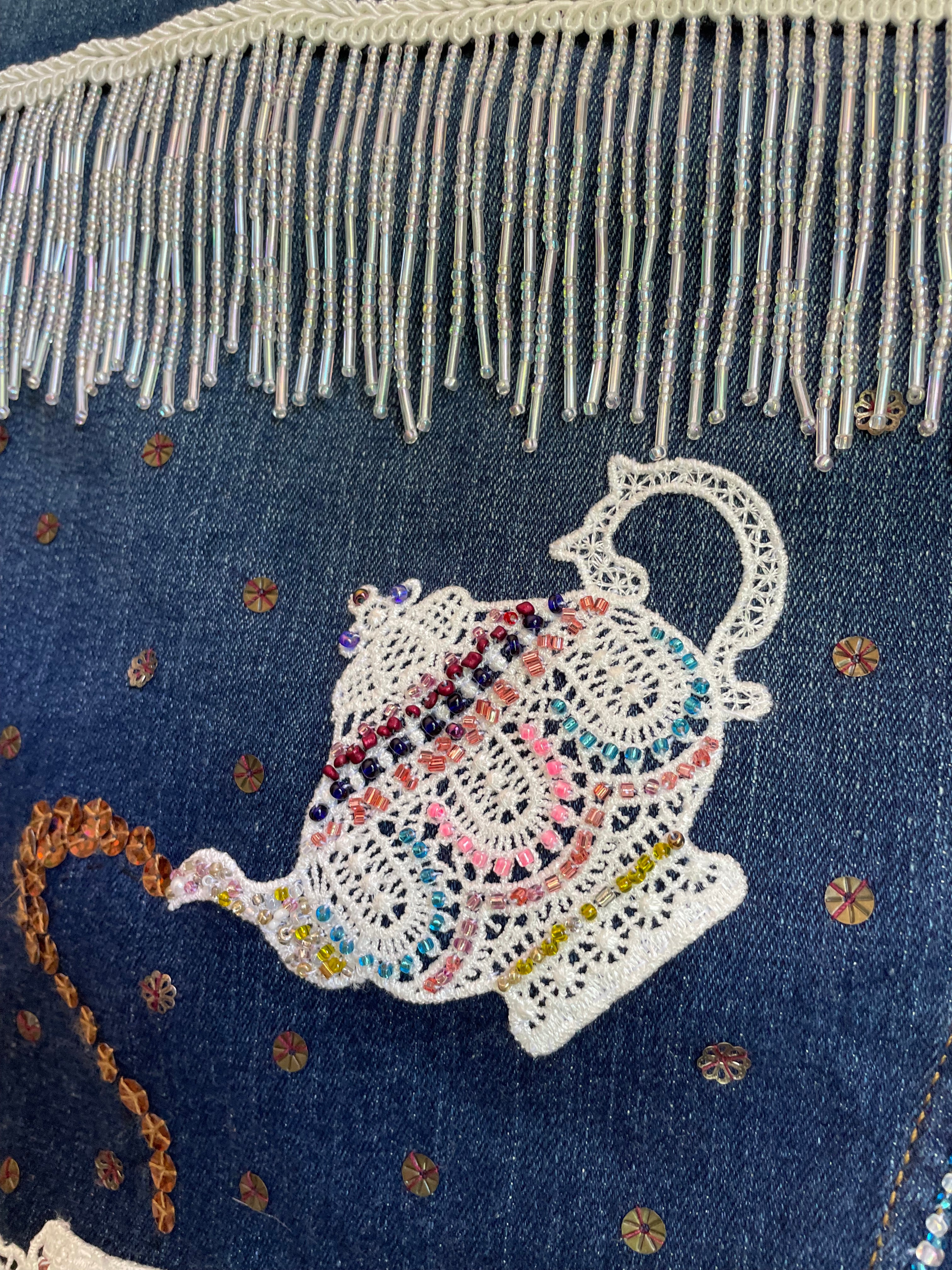 Upcycled Denim Jacket, Hand Beaded Teapot Embroidery