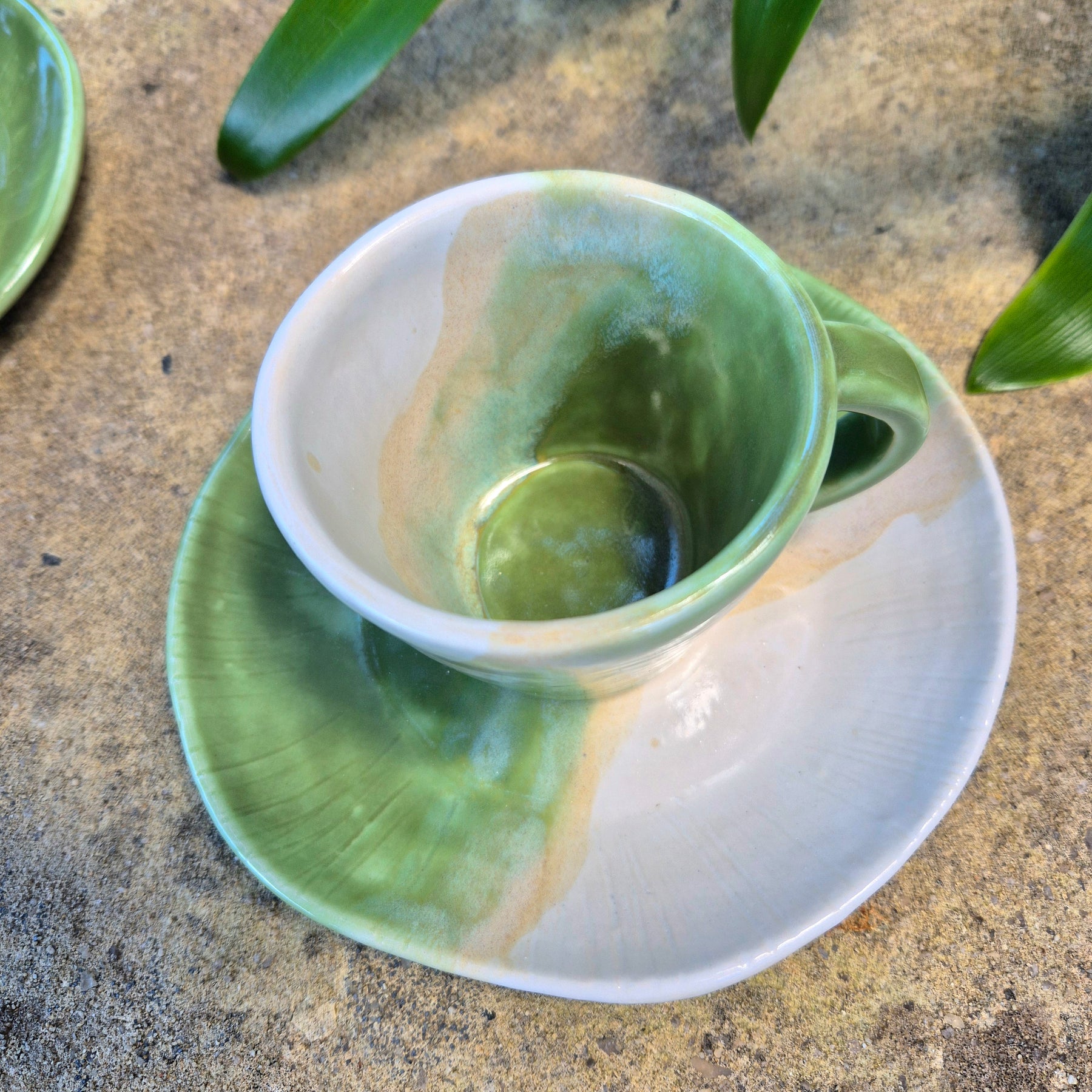 Handmade Ceramic Cup and Side Plate - Sage Green and White