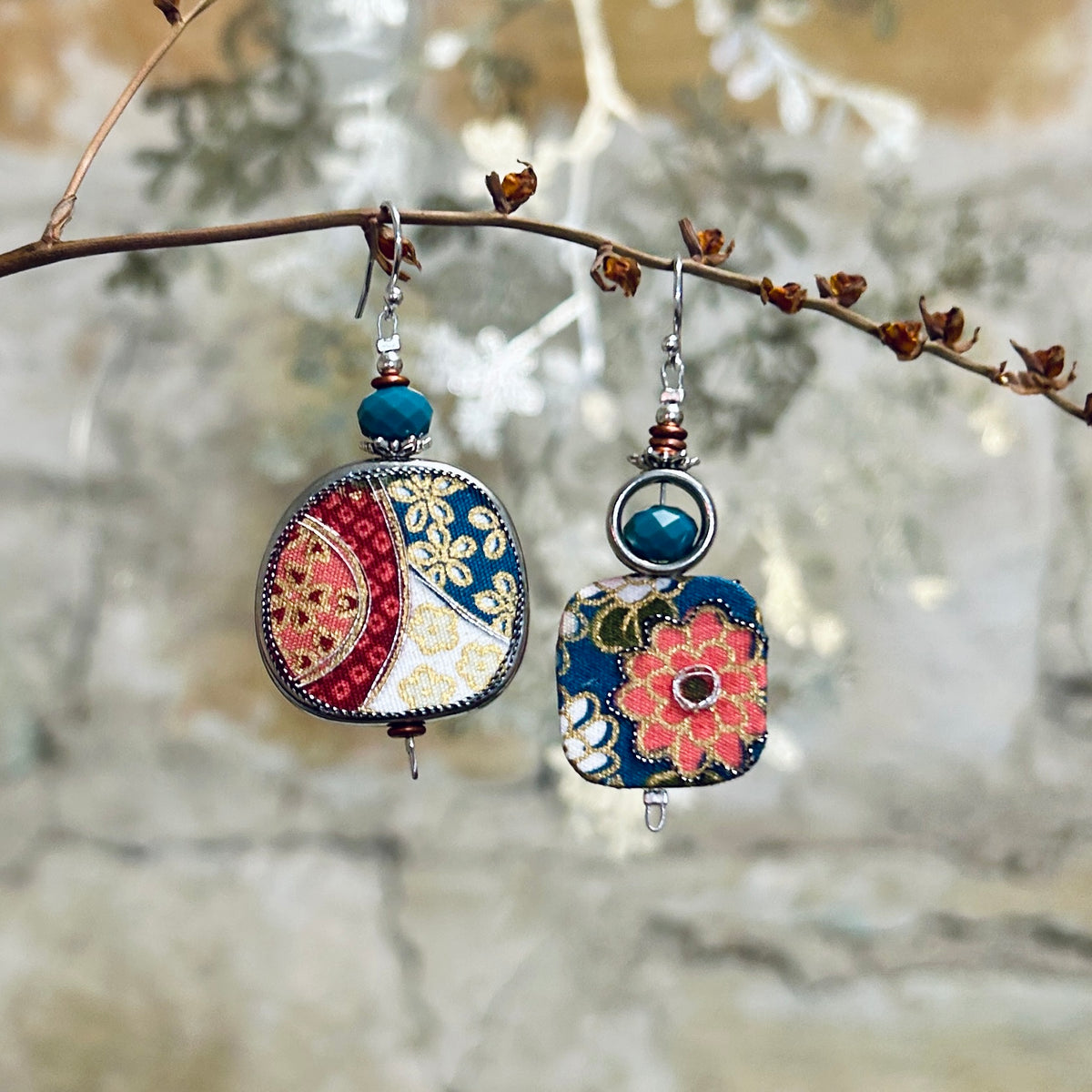 Earrings Blue Pink White Floral Asymmetrical - EC640