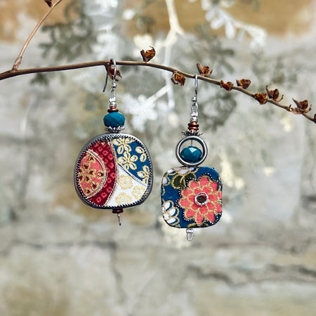 Earrings Blue Pink White Floral Asymmetrical - EC640