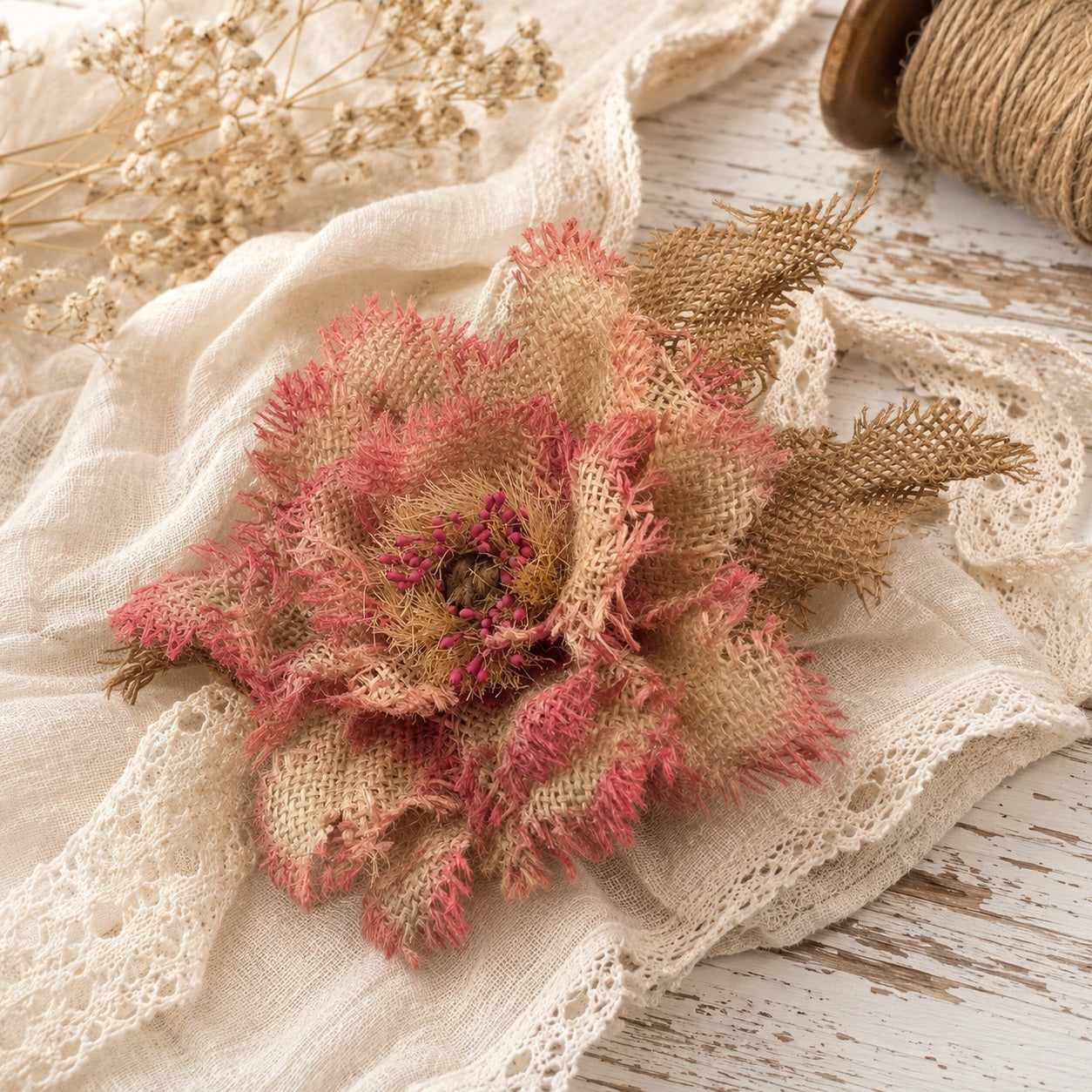 "Wild Burlap Bloom"  Handcrafted Burlap Flower Brooch / Hair Clip
