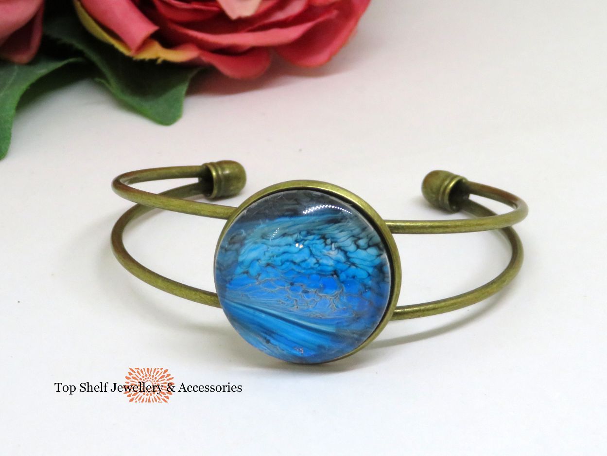 Blue Acrylic Art Hand Painted Open Bracelet Cuff