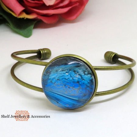 Blue Acrylic Art Hand Painted Open Bracelet Cuff