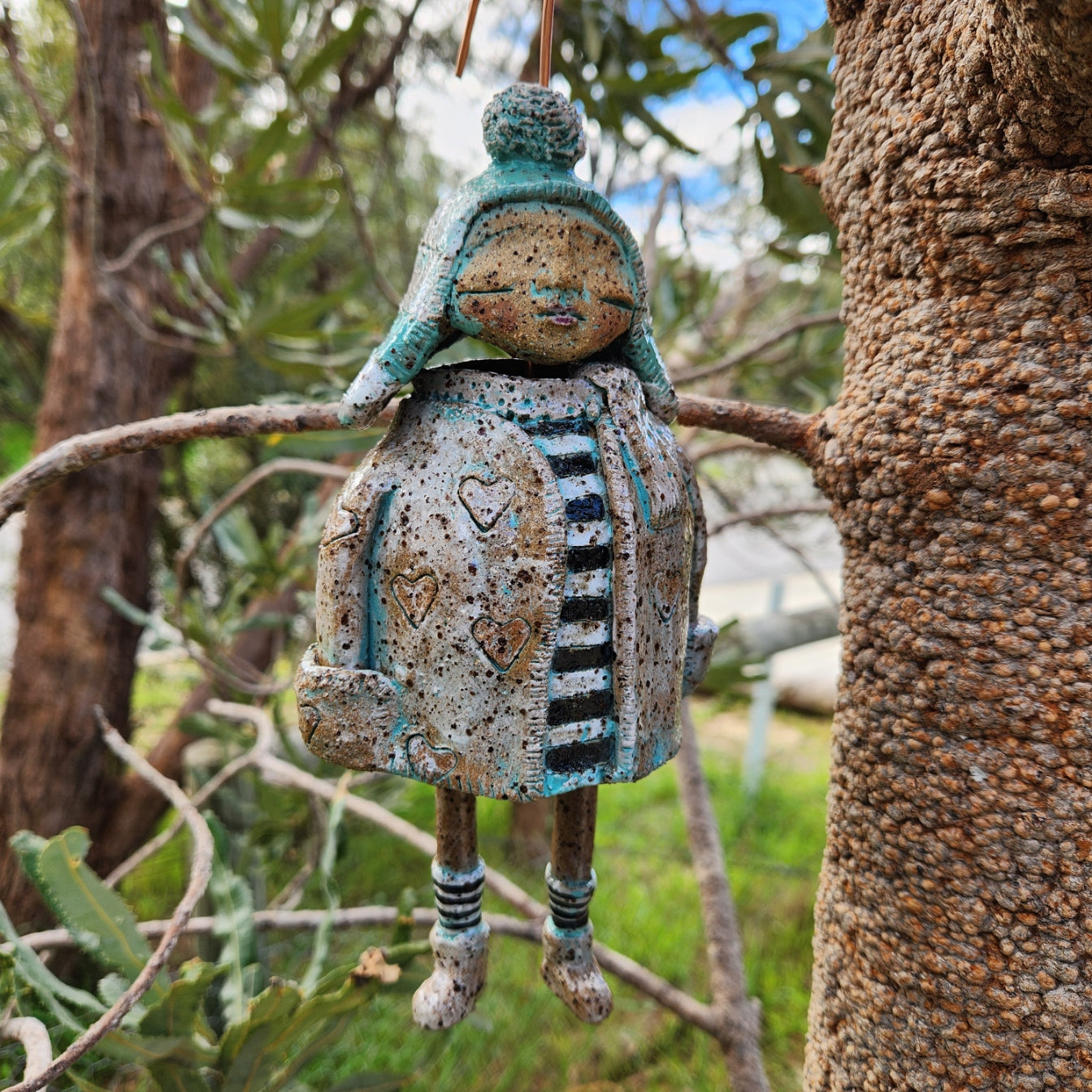 Clay windchime, little girl, hearts
