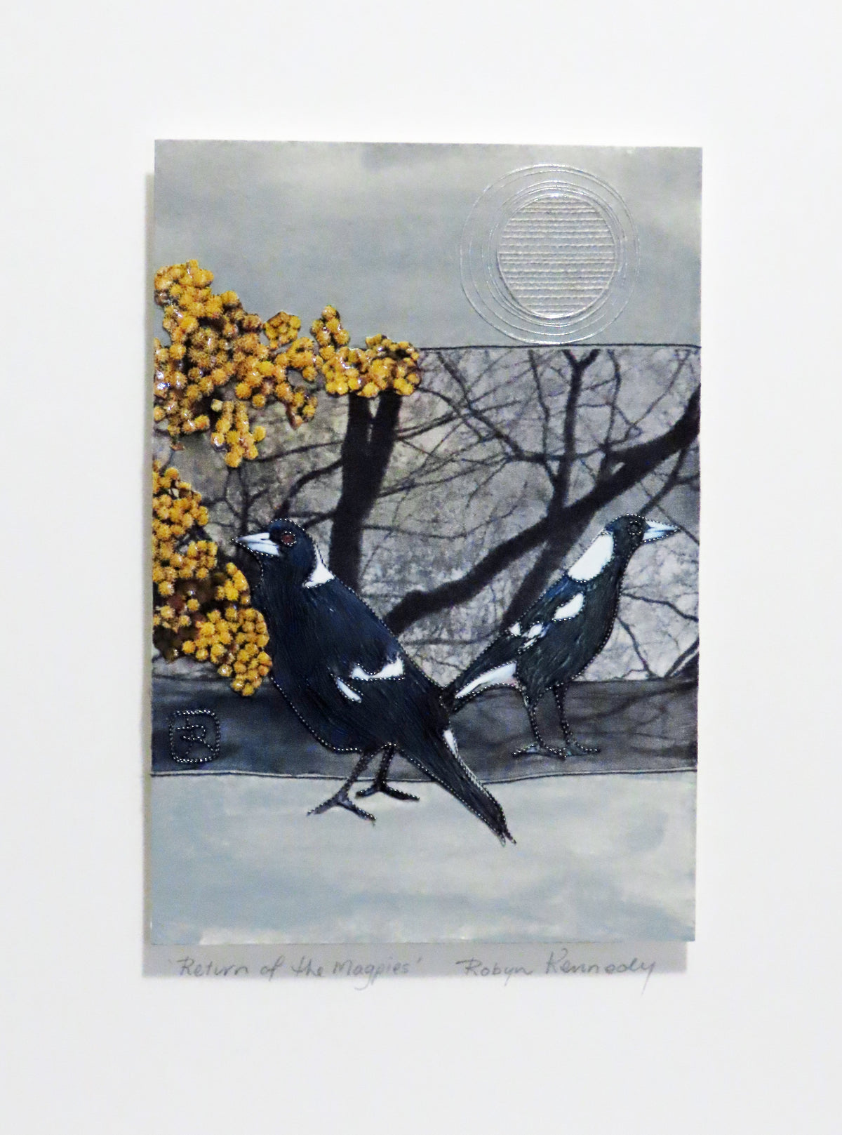 Unframed Collage Art - Magpies & Yellow Flowers