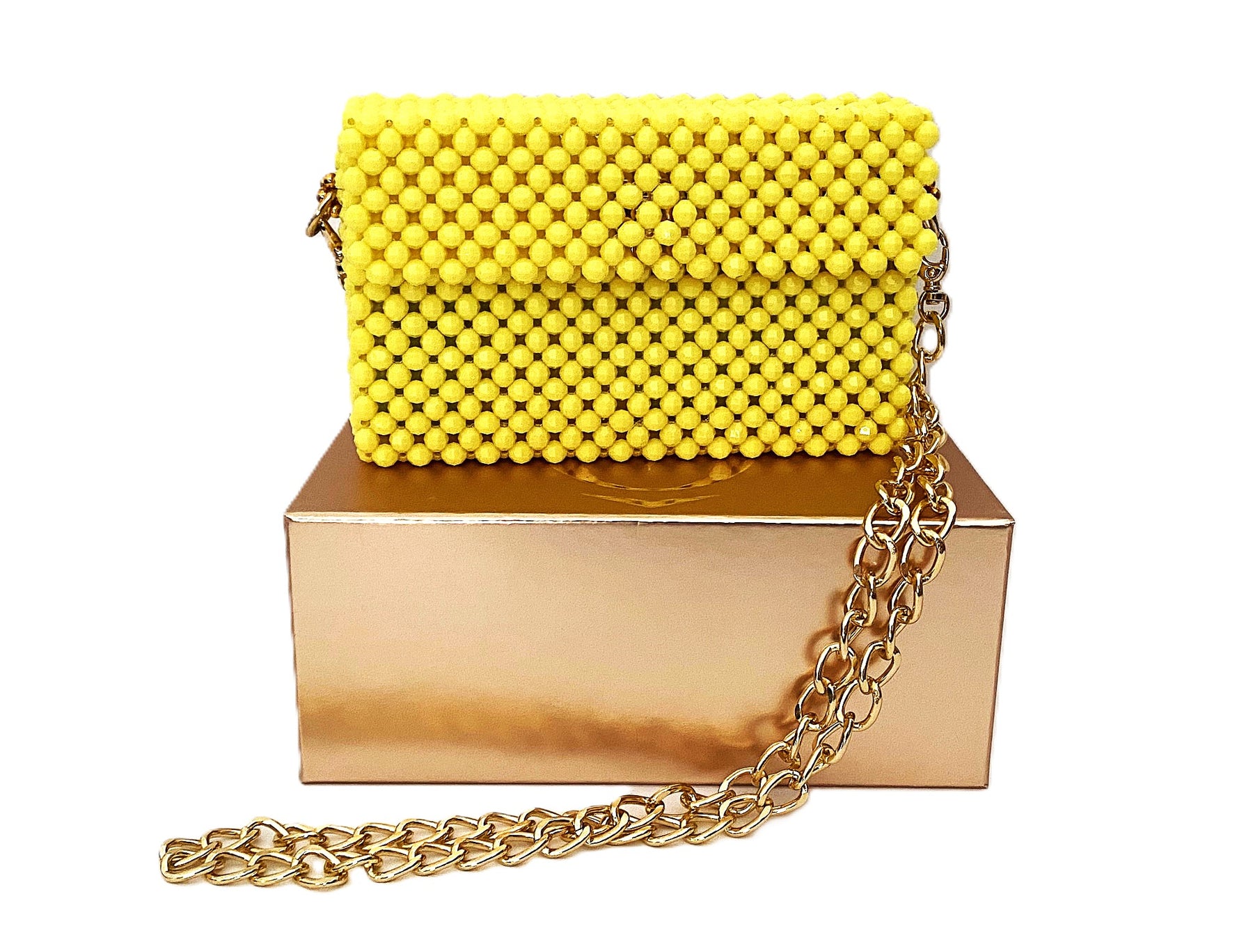 Lemon beaded clutch bag with chain