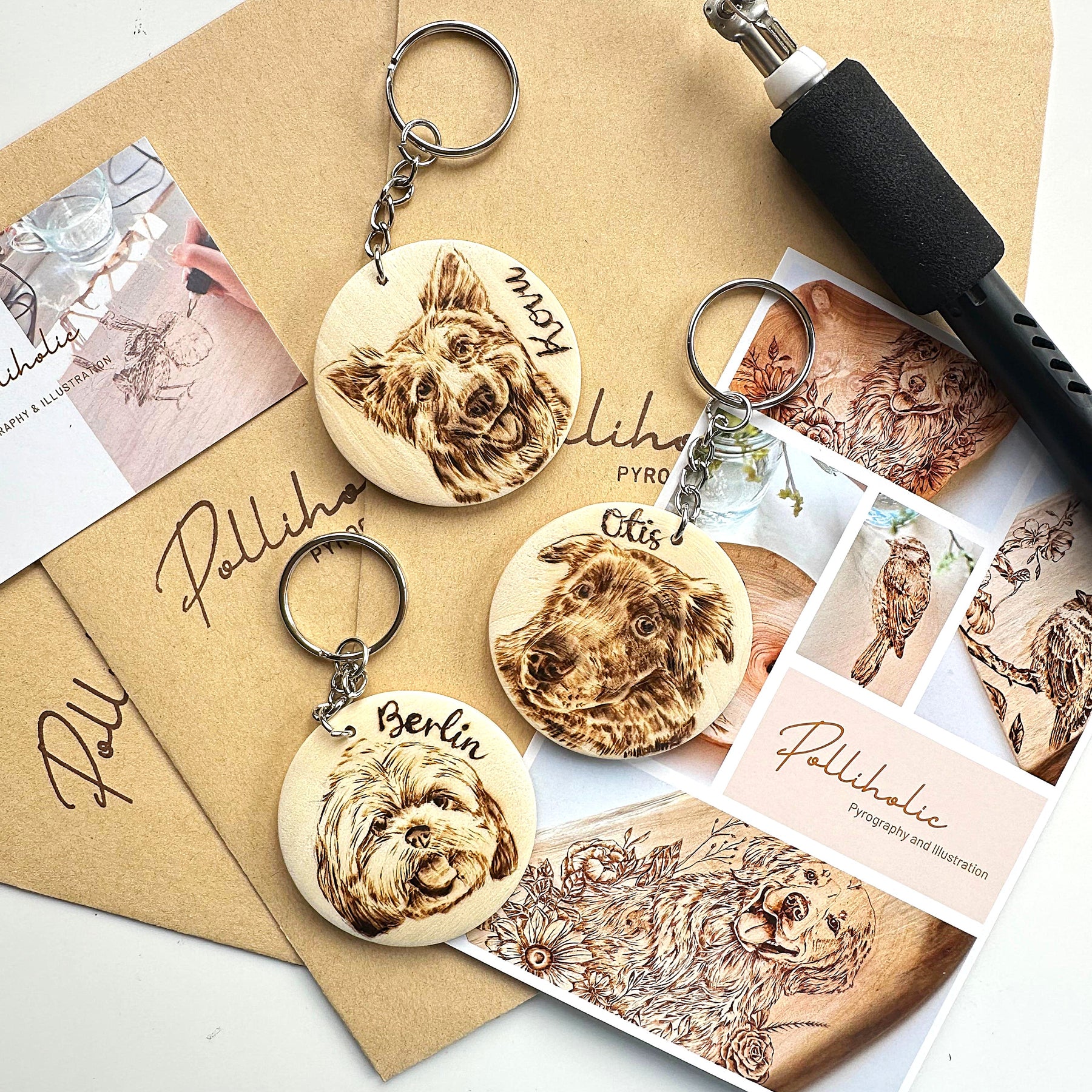 Custom Pet Portrait Key Ring – Handmade Pyrography on Wood