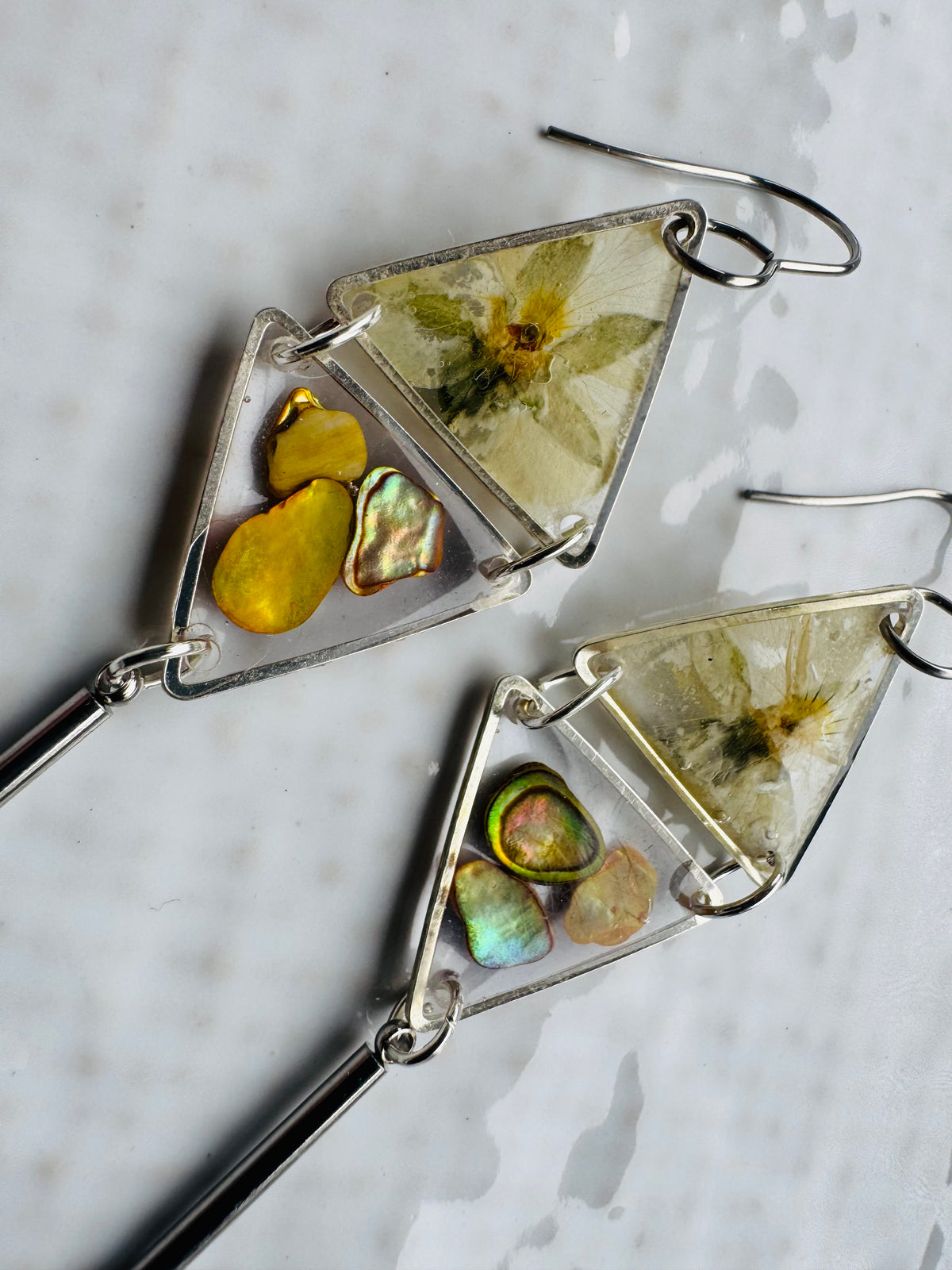 Double triangle cowrie shell and pressed flower resin earrings