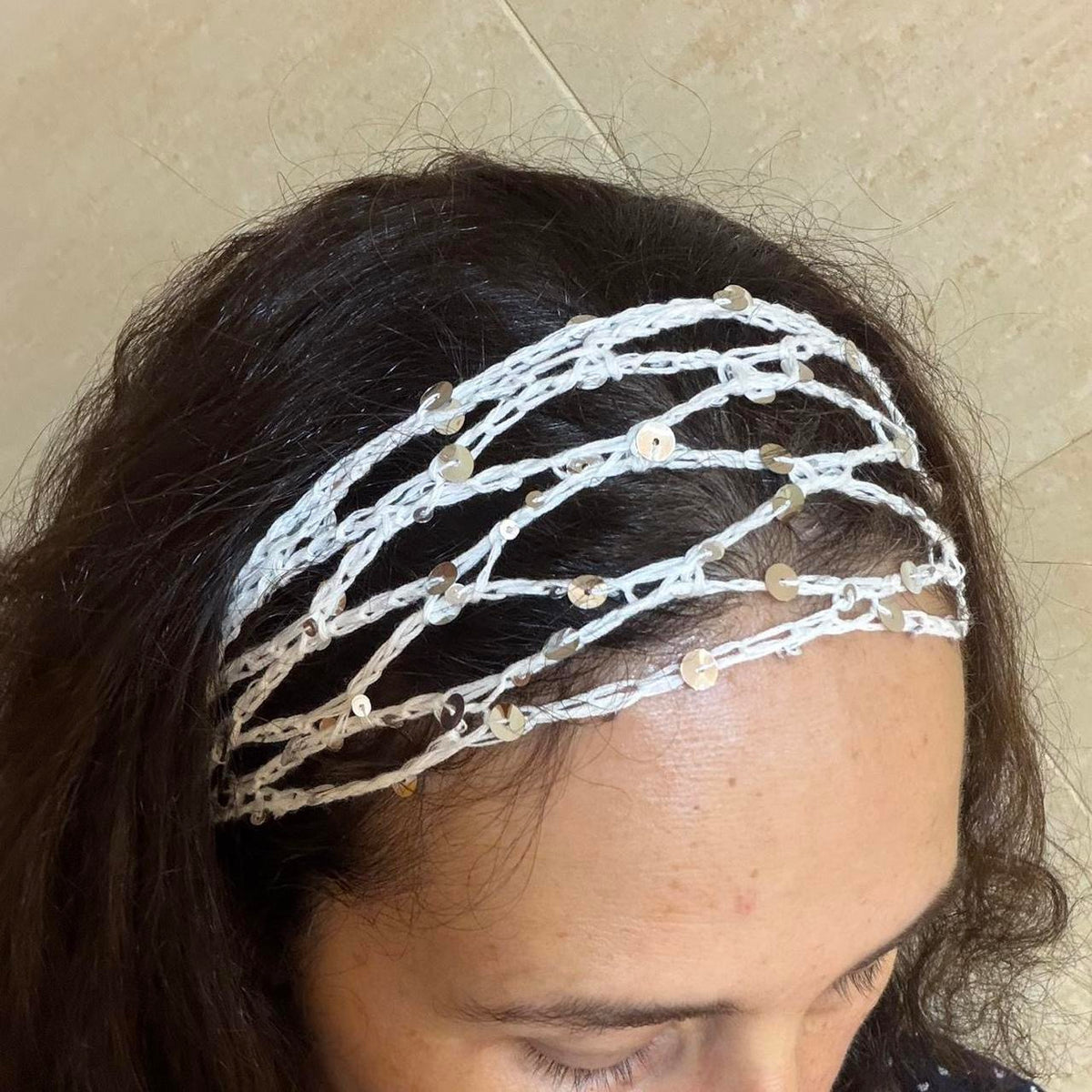 White with Silver Sequin Crochet Headband