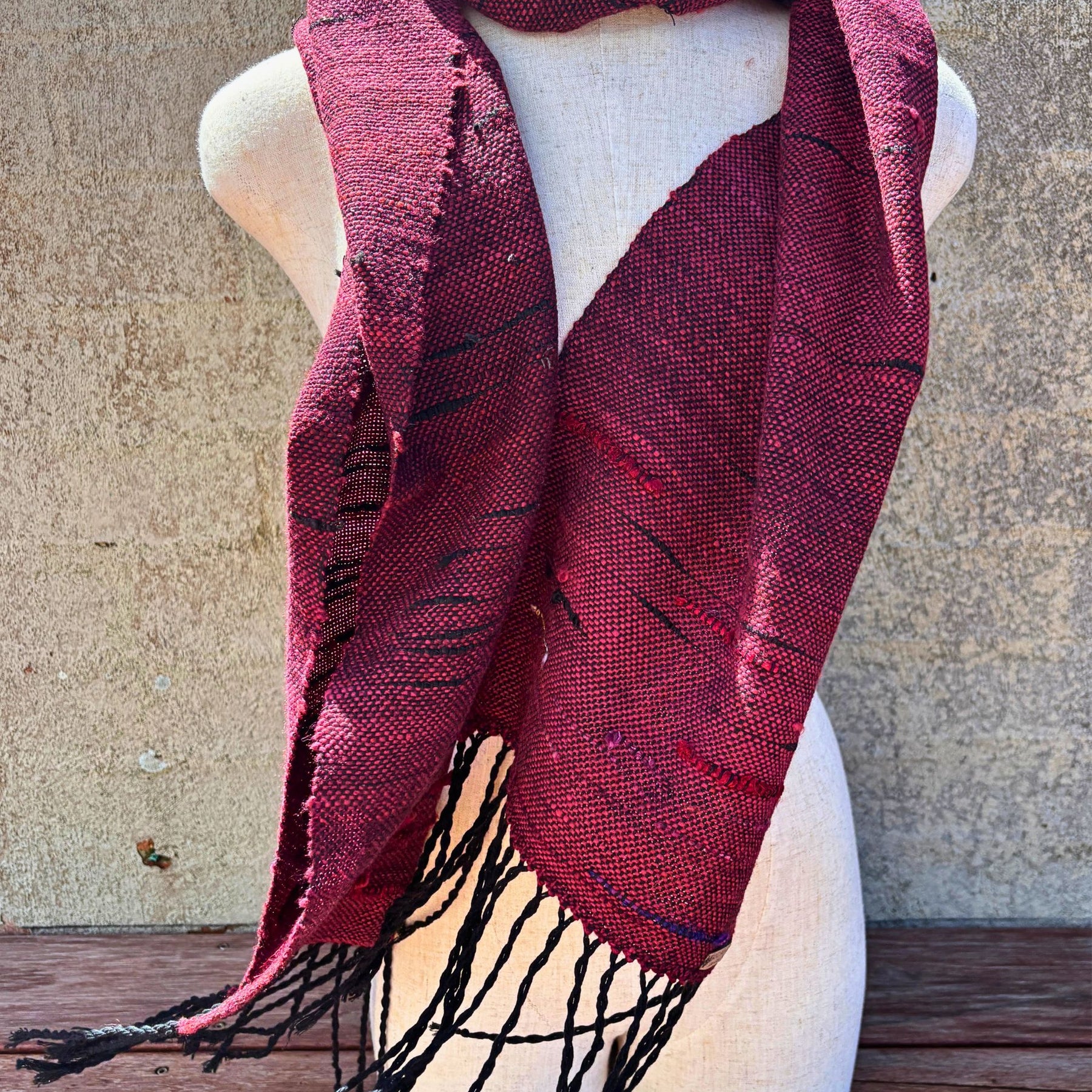 Handwoven Scarf - Crimson Red - Black