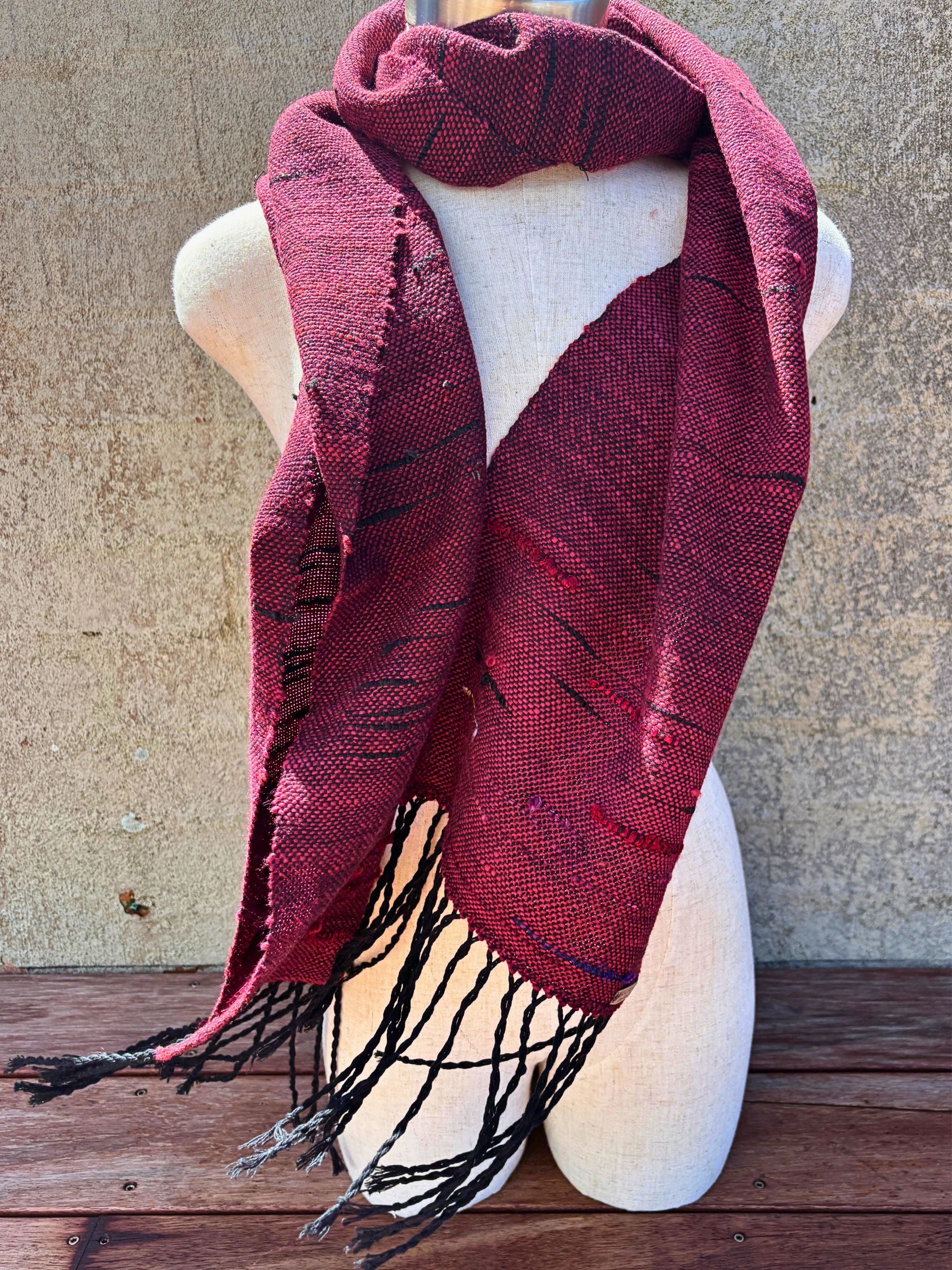 Handwoven Scarf - Crimson Red - Black