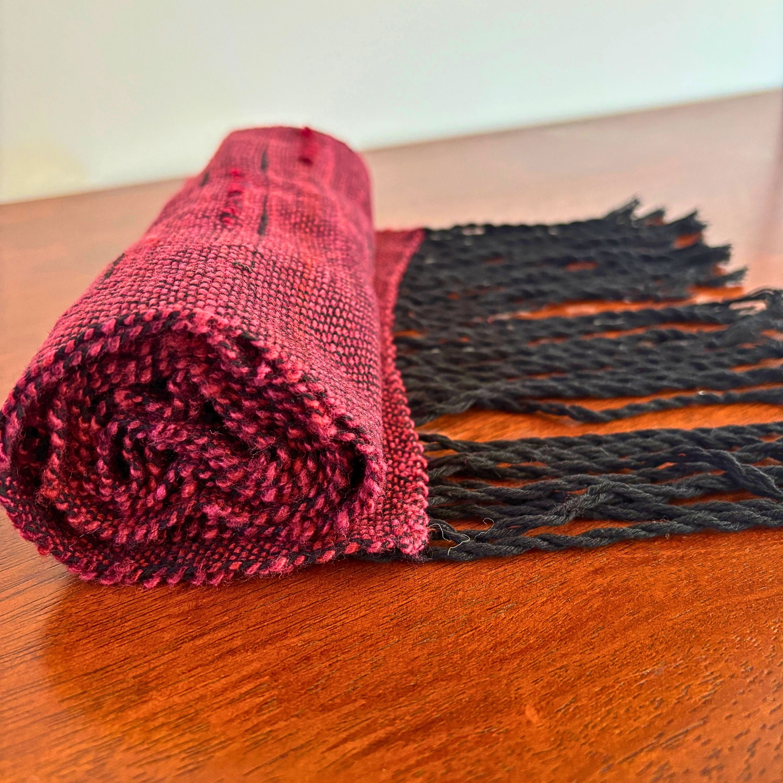 Handwoven Scarf - Crimson Red - Black
