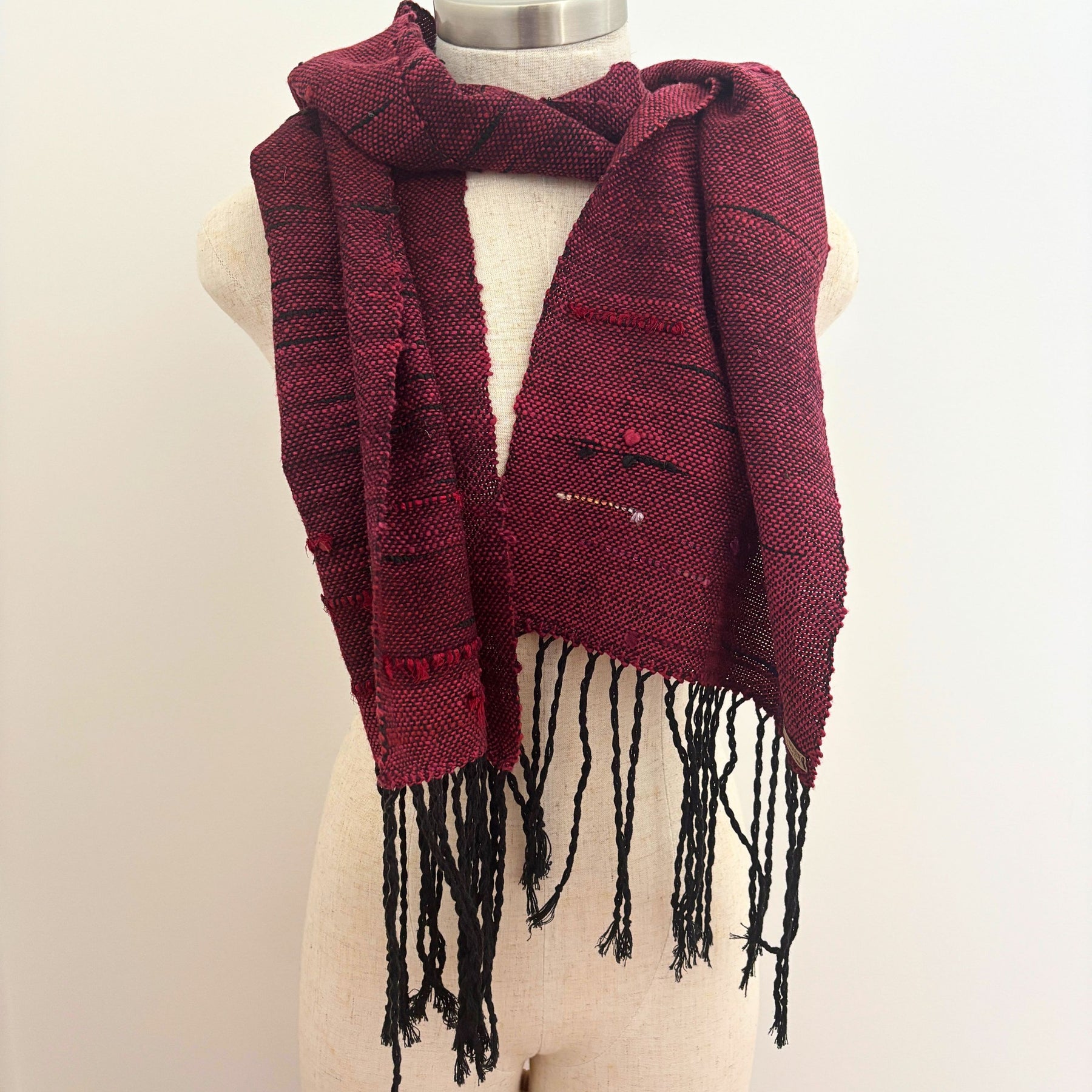 Handwoven Scarf - Crimson Red - Black
