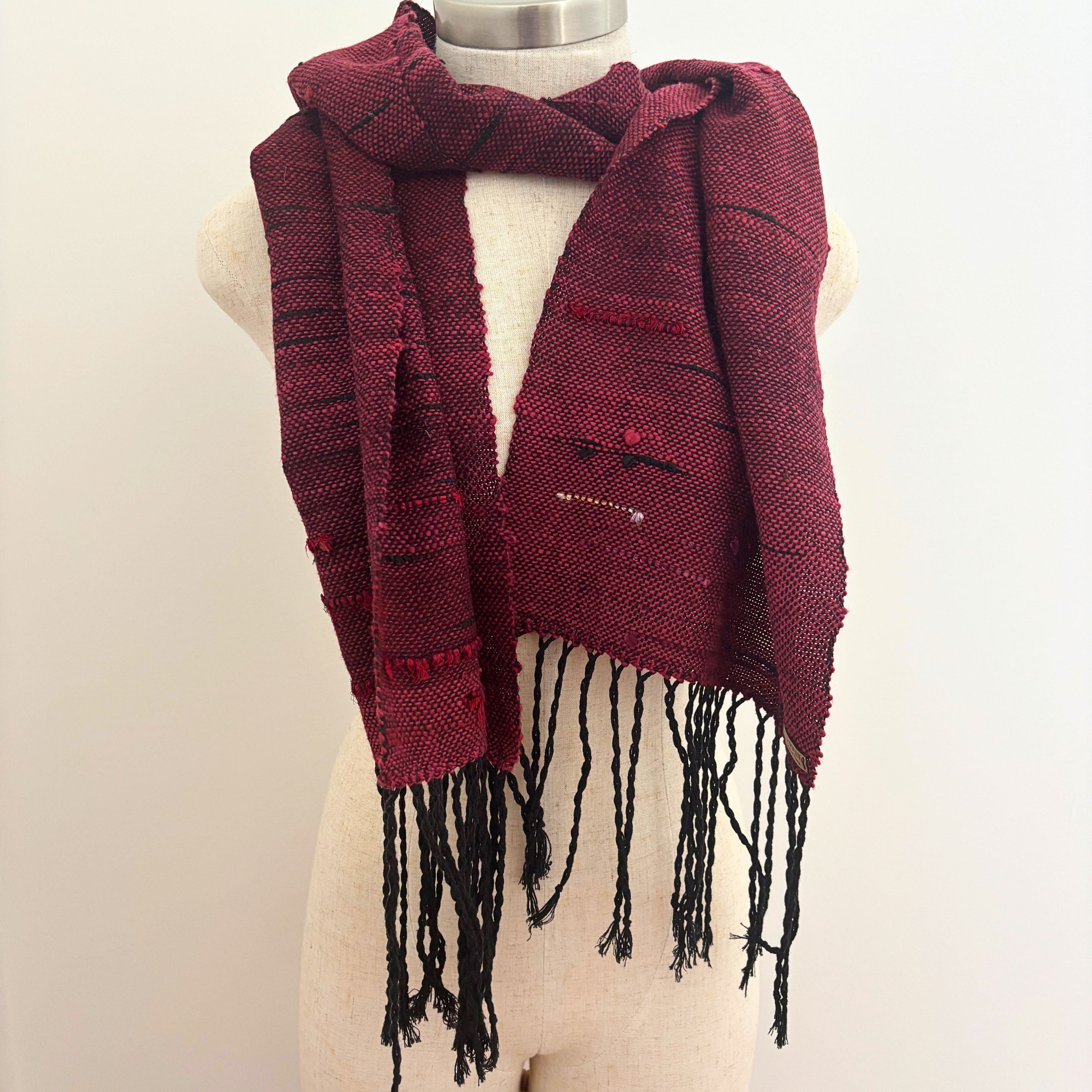 Handwoven Scarf - Crimson Red - Black