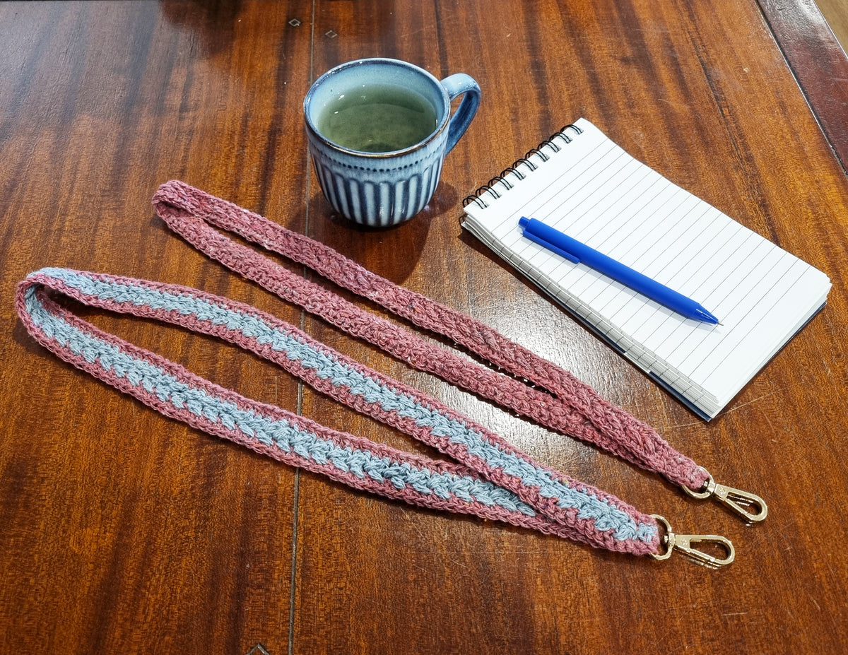 Crochet Lanyard - Pink & Blue upcycled denim yarn