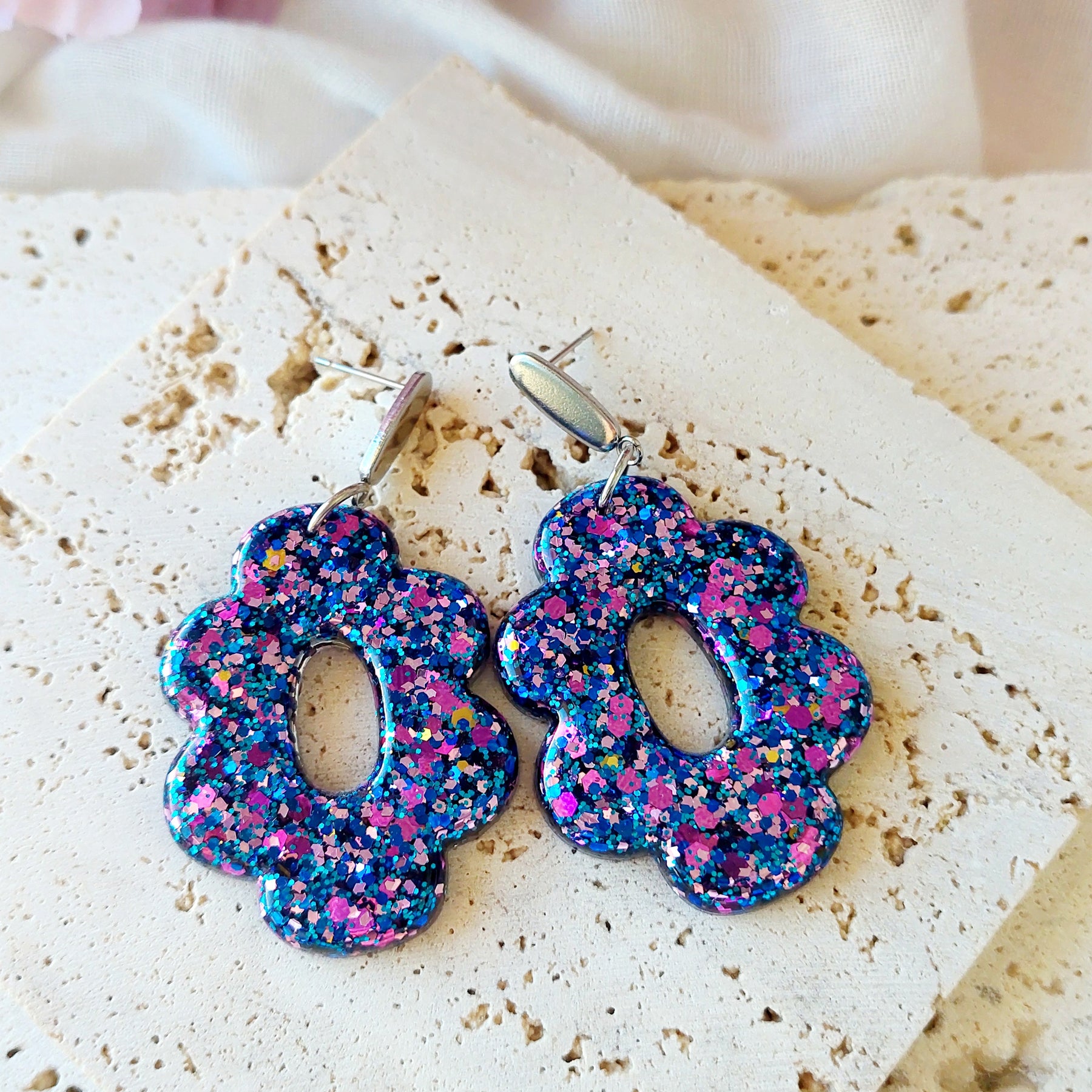 Glitter Resin Flower Dangle Earrings