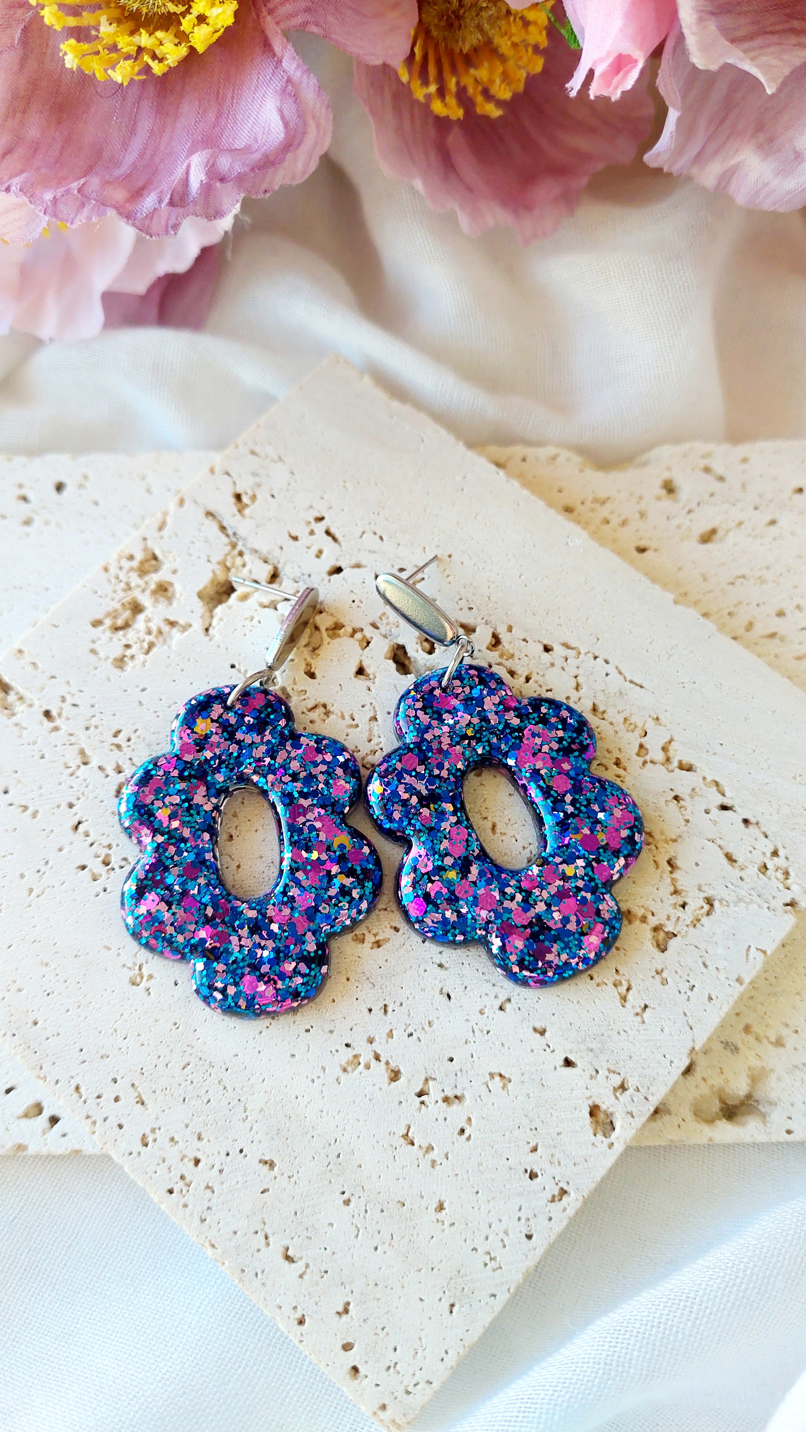 Glitter Resin Flower Dangle Earrings