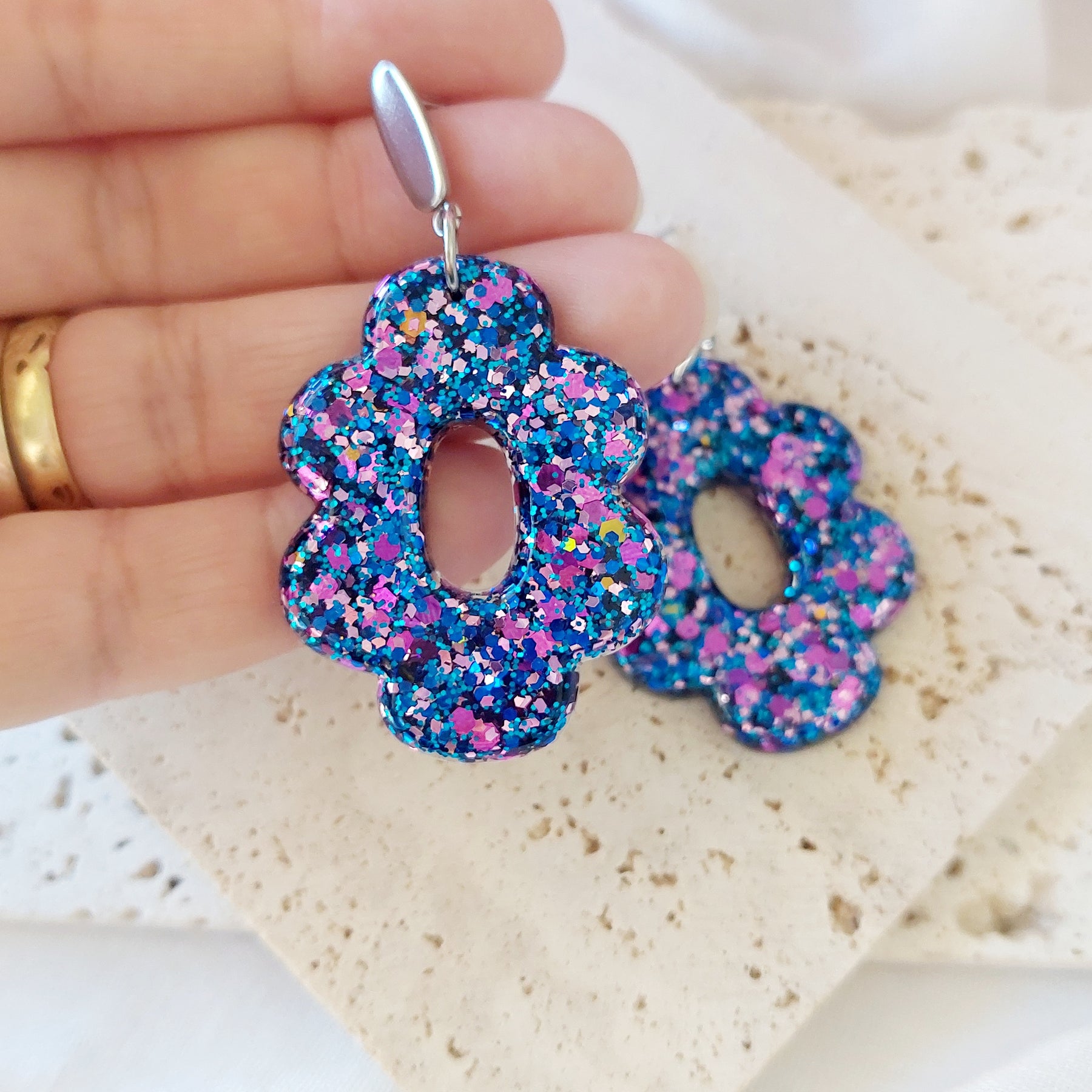 Glitter Resin Flower Dangle Earrings