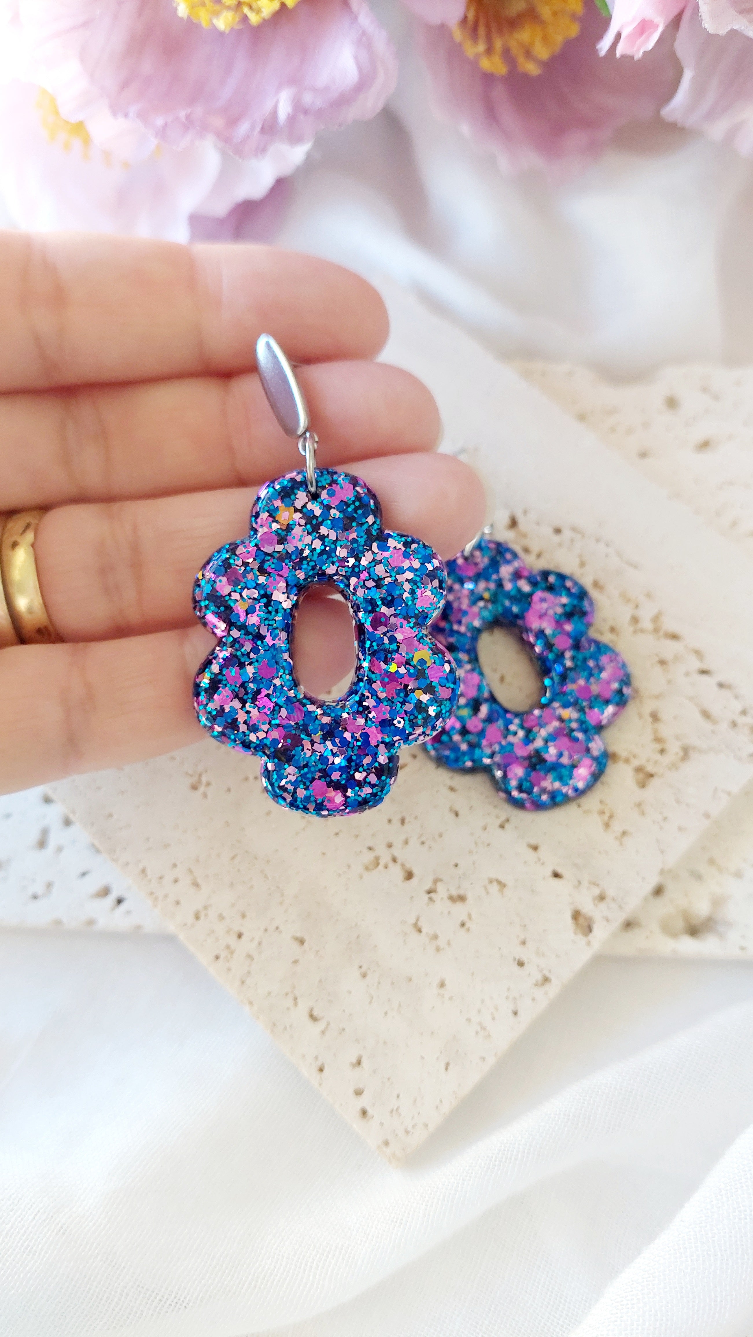 Glitter Resin Flower Dangle Earrings