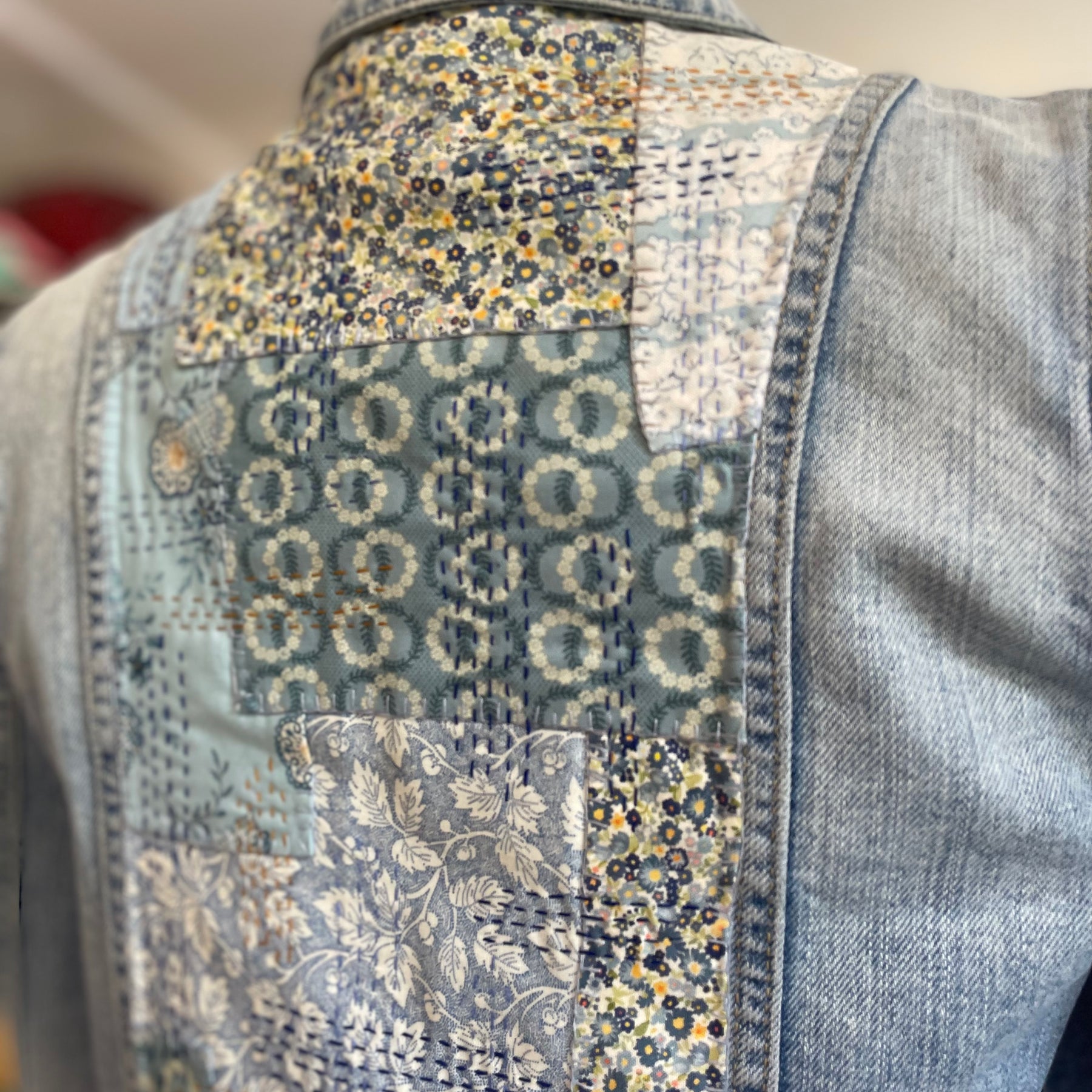 Sashiko Floral Denim Jacket Upcycled Wearable Art