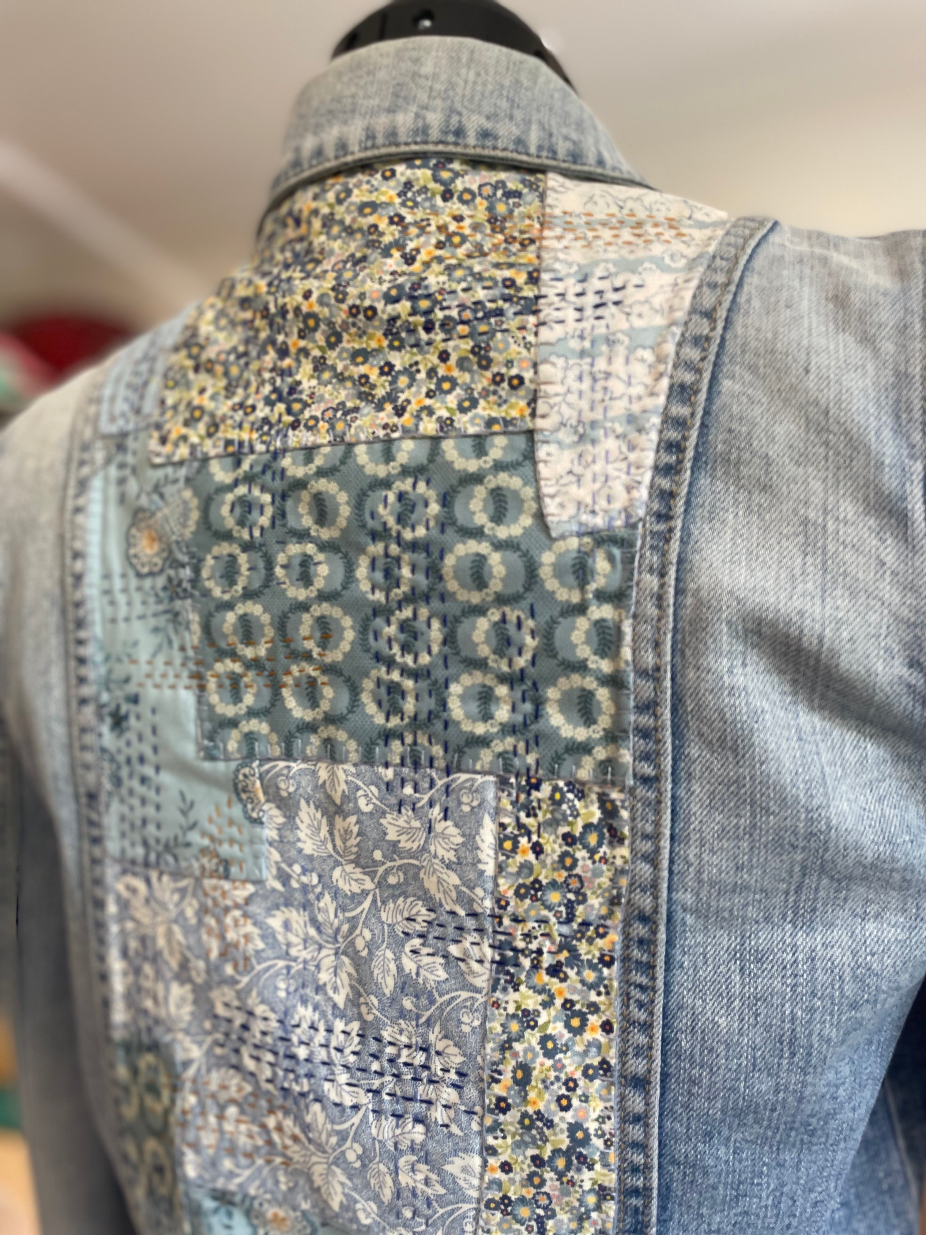Sashiko Floral Denim Jacket Upcycled Wearable Art