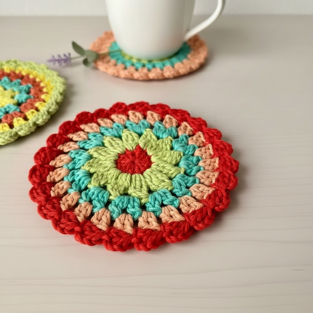 Mandala Crochet Coasters – Bright Boho Table Decor – Handmade Cotton Drink Coaster Set – Colourful Home Gift Idea - set of 4 or 6