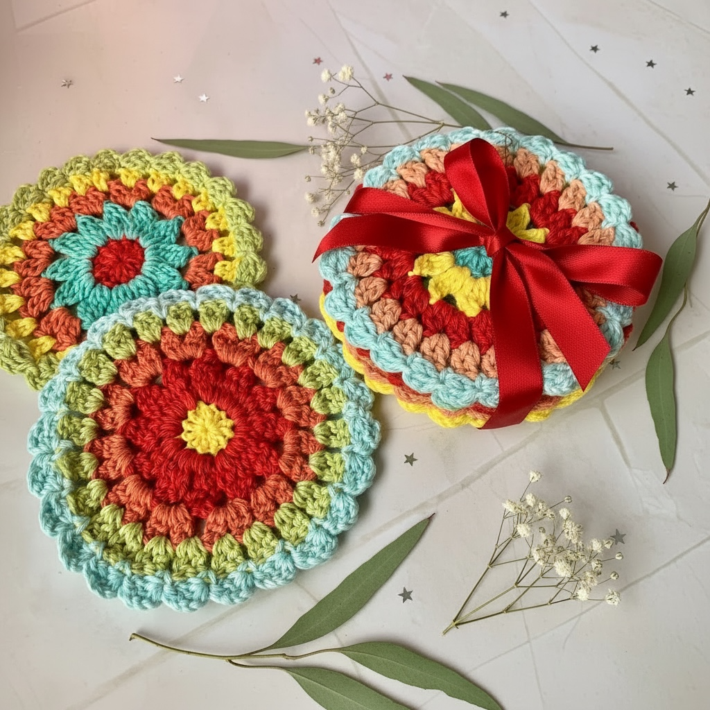 Mandala Crochet Coasters – Bright Boho Table Decor – Handmade Cotton Drink Coaster Set – Colourful Home Gift Idea - set of 4 or 6