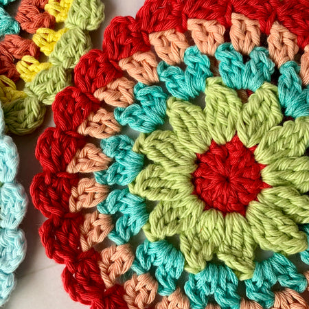 Mandala Crochet Coasters – Bright Boho Table Decor – Handmade Cotton Drink Coaster Set – Colourful Home Gift Idea - set of 4 or 6