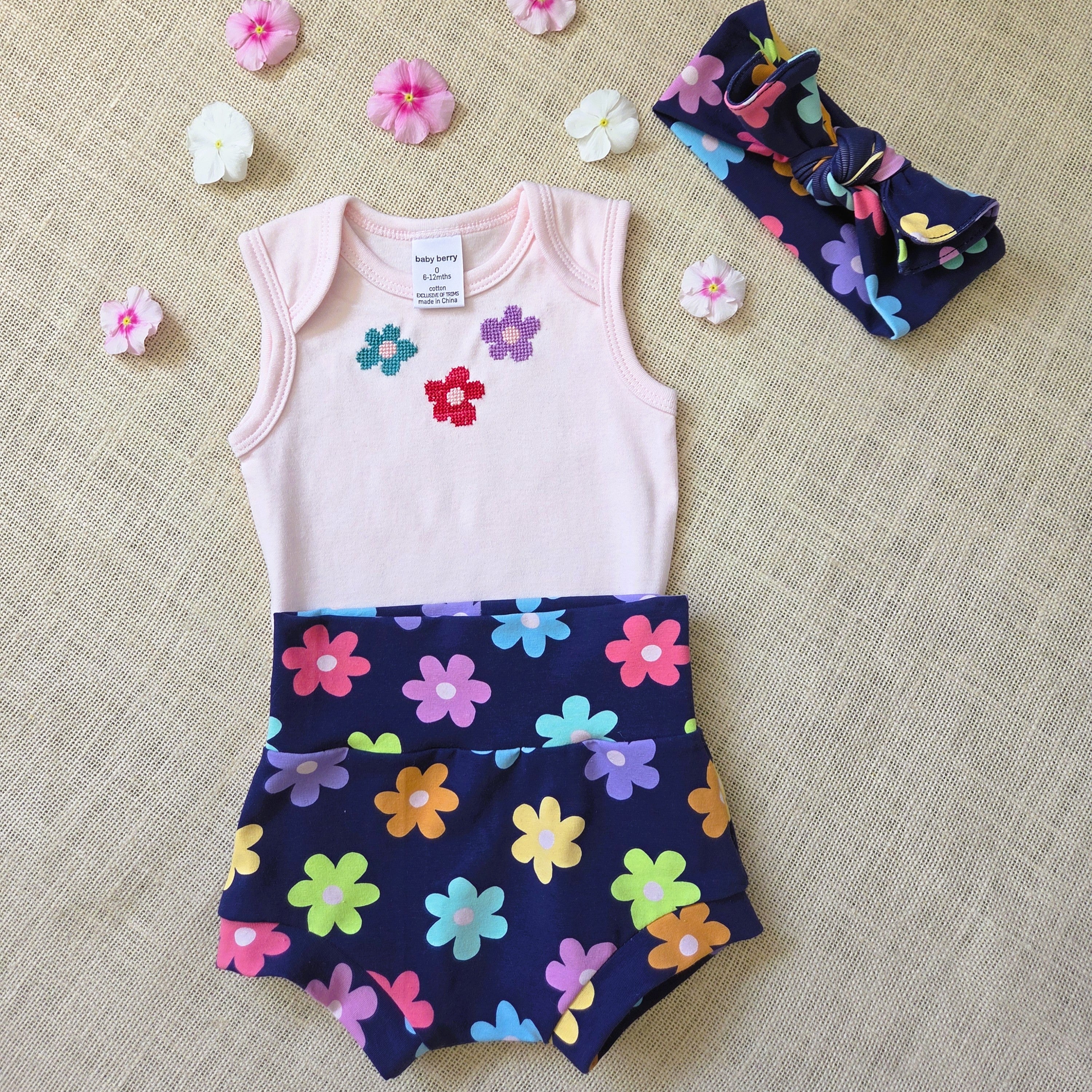 "Little Bloom" Sleeveless Pink Onesie, Bummies & Bow (6-9 Months)