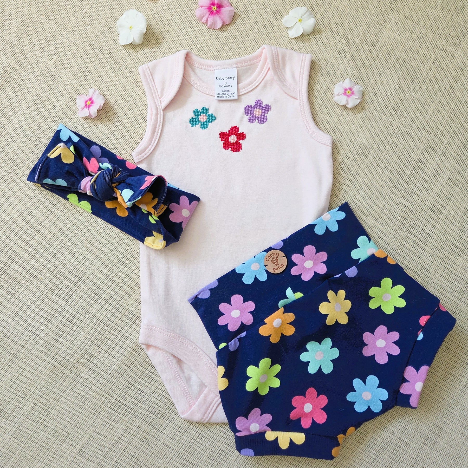 "Little Bloom" Sleeveless Pink Onesie, Bummies & Bow (6-9 Months)
