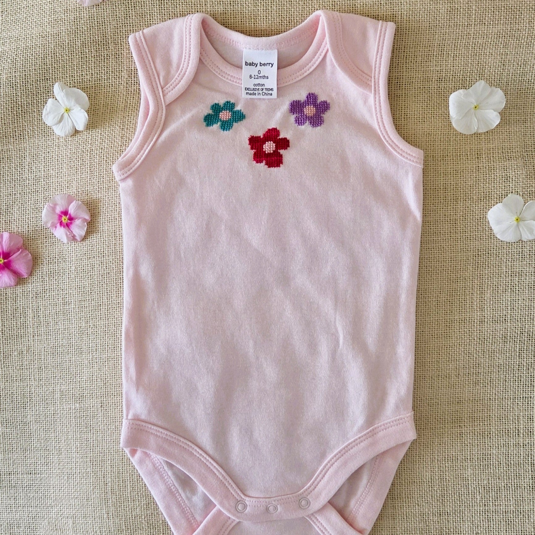 "Little Bloom" Sleeveless Pink Onesie, Bummies & Bow (6-9 Months)