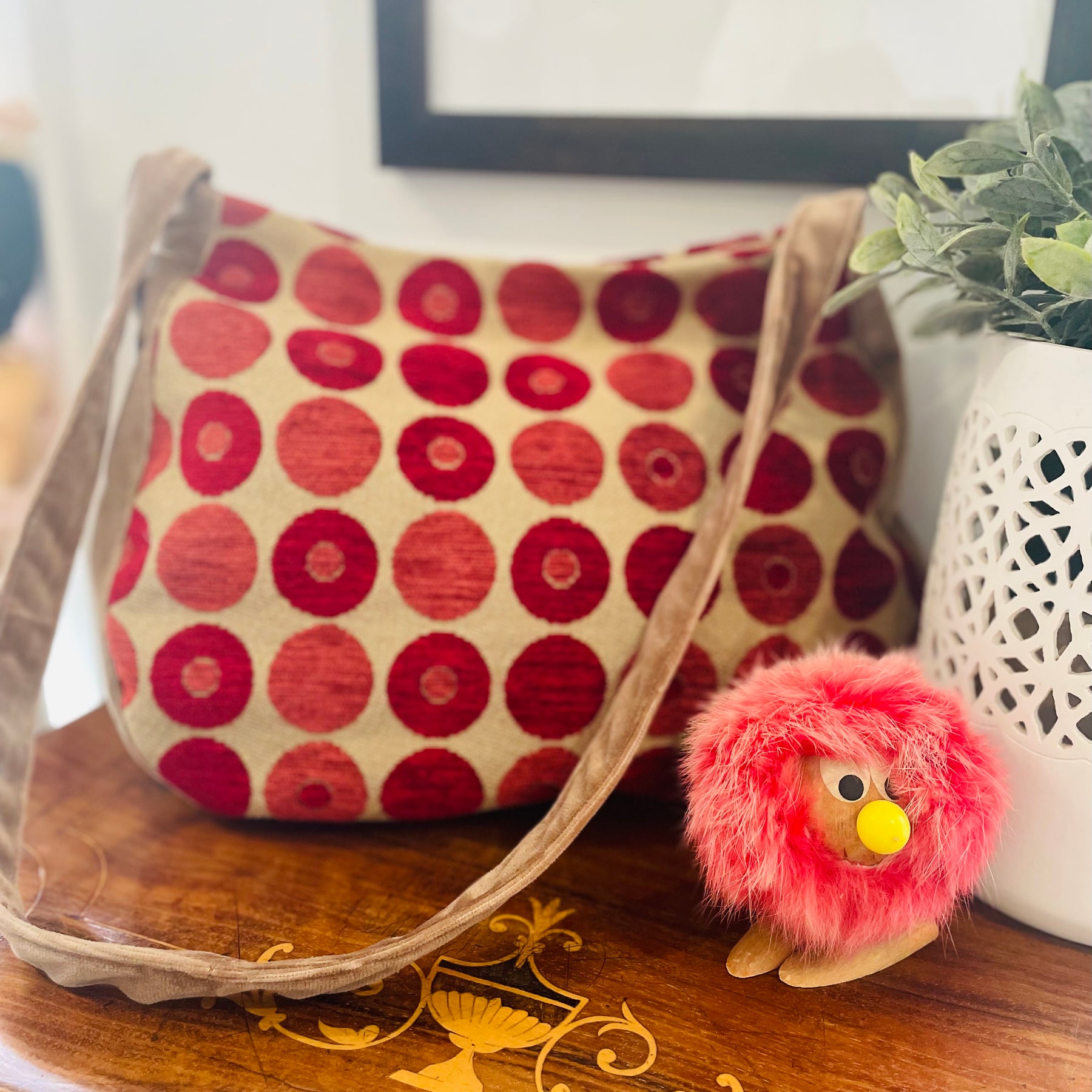 Red Spotty Velvet Tote Bag, Upcycled