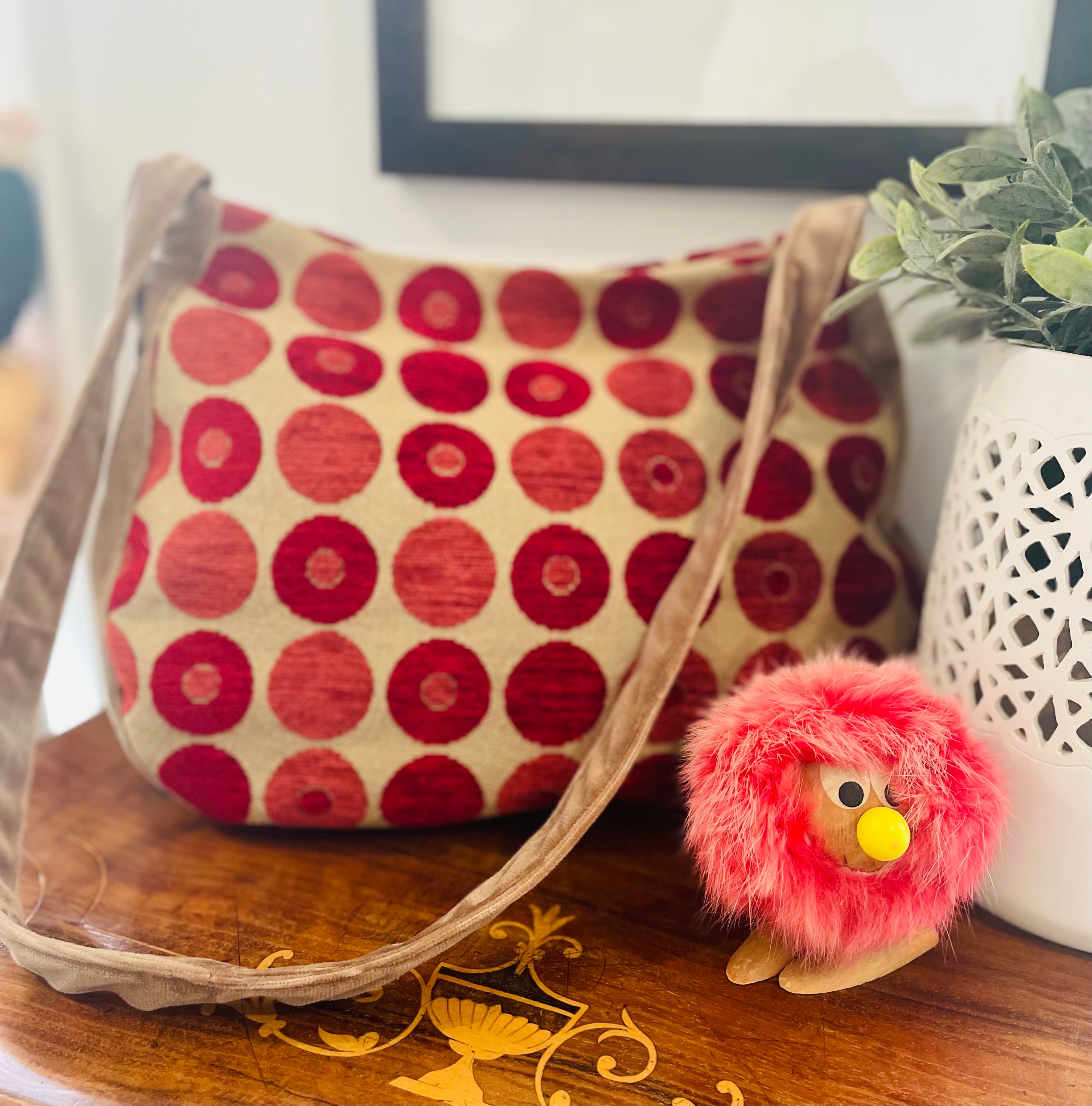 Red Spotty Velvet Tote Bag, Upcycled