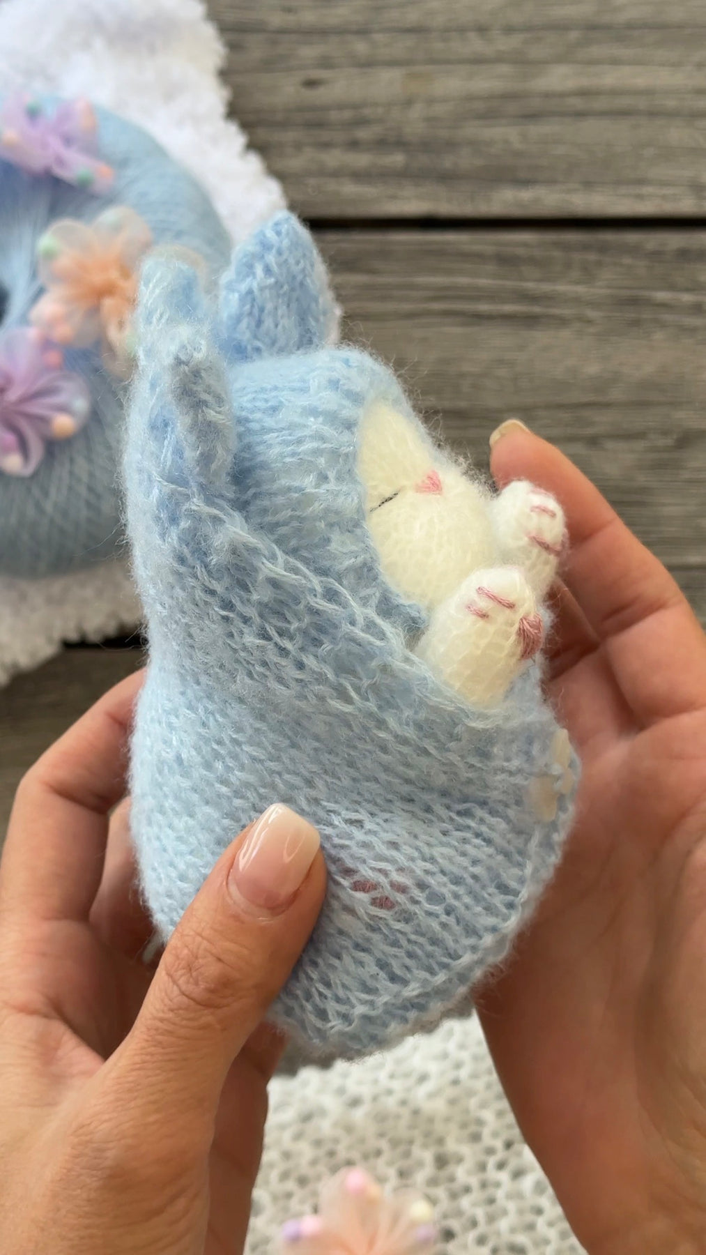 Handmade White Knitted Sleeping Kitten in Blue Bunny Bonnet and Blanket with Butterfly Toy
