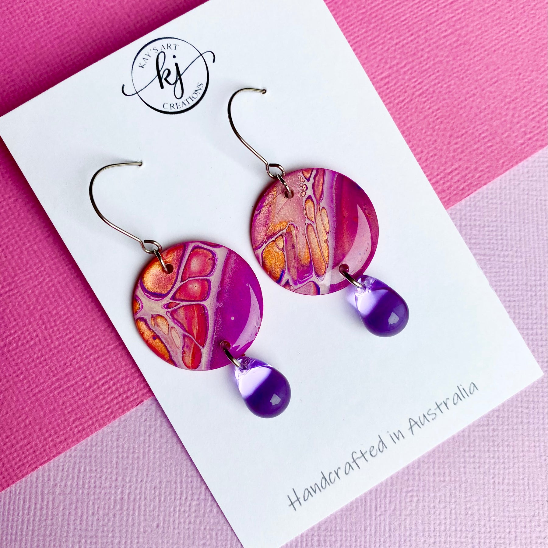 Pink Purple Orange Hand Painted Earrings