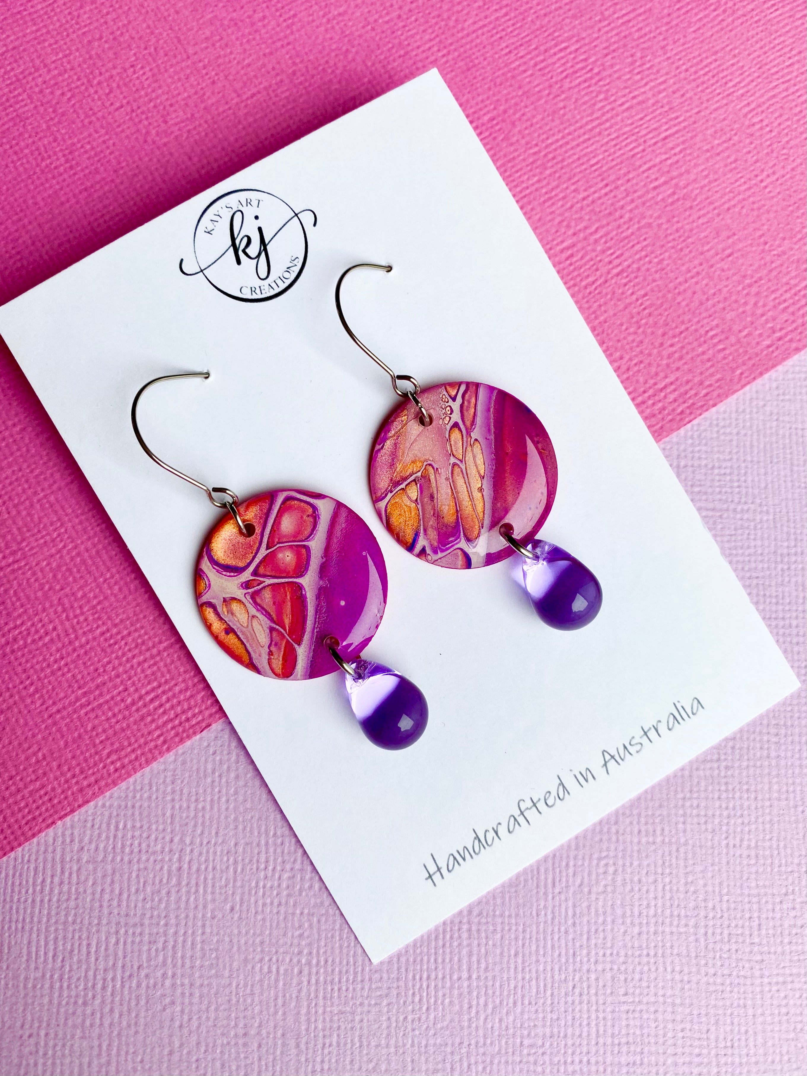 Pink Purple Orange Hand Painted Earrings