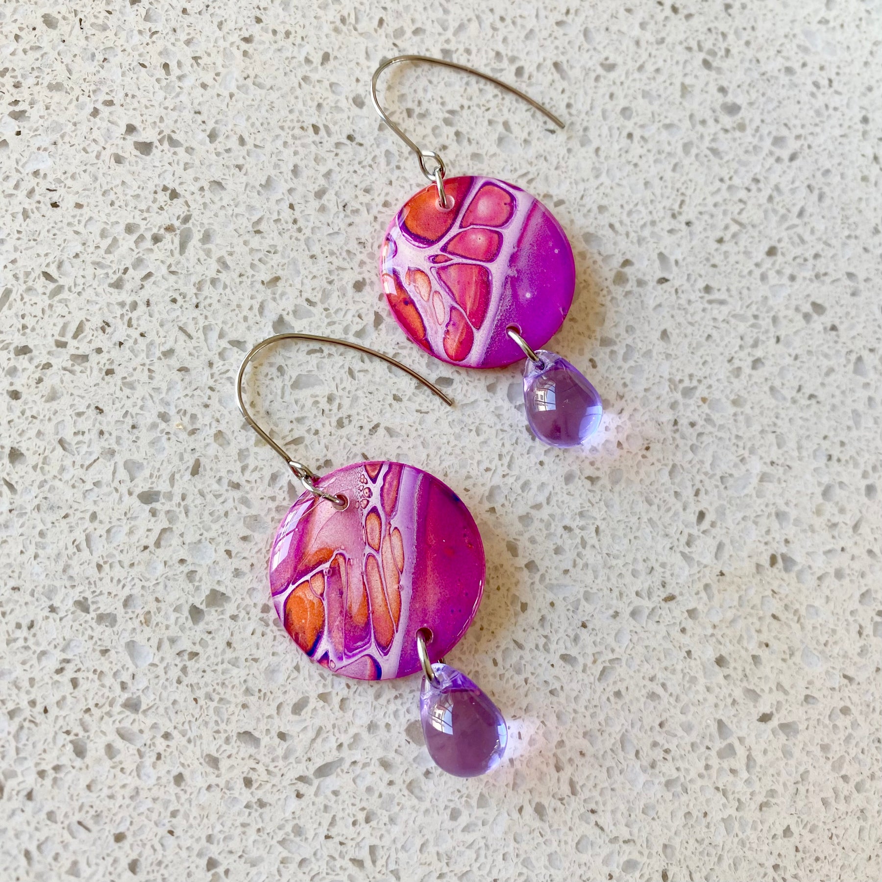 Pink Purple Orange Hand Painted Earrings