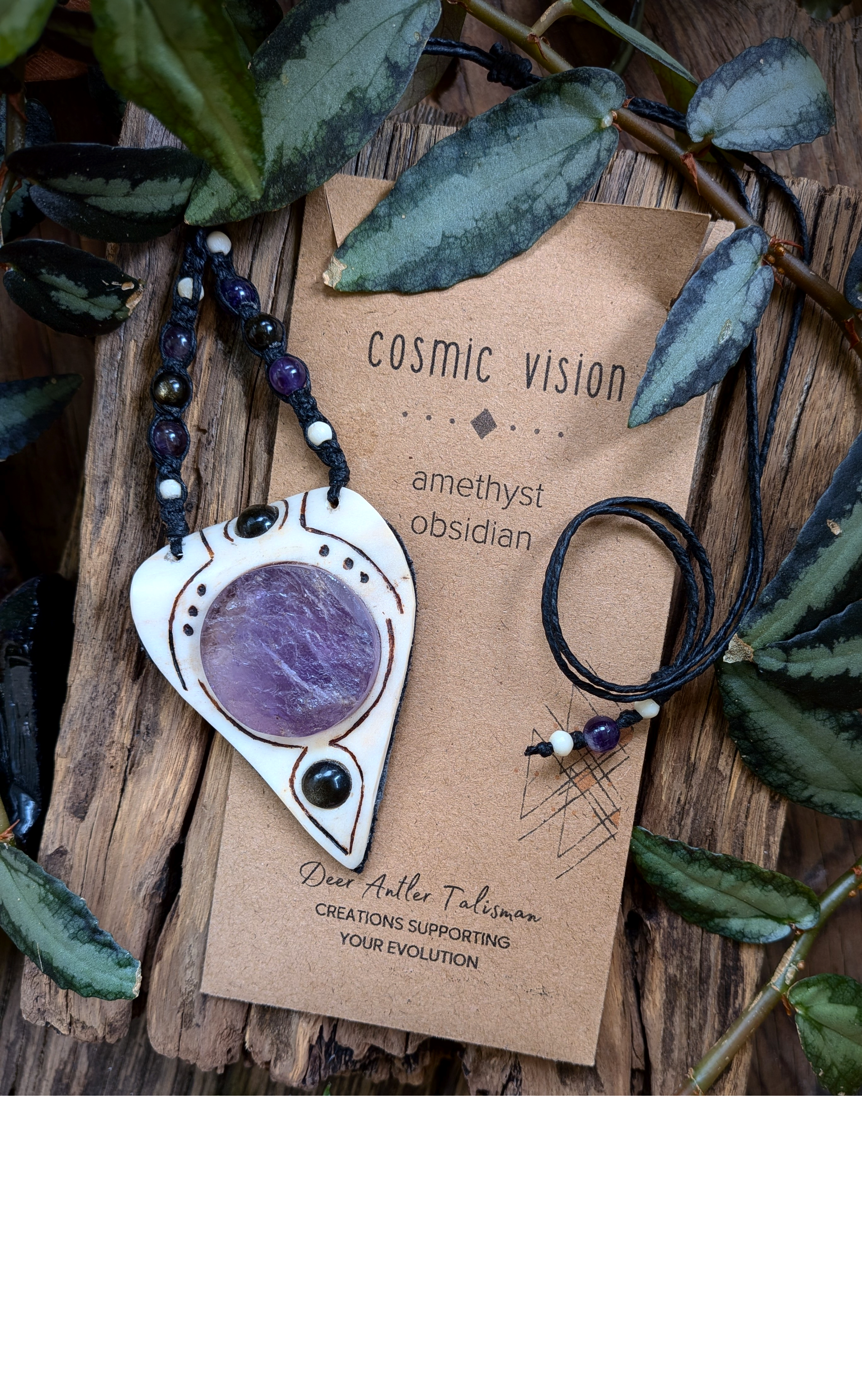 •| RAW AMETHYST | SILVERSHEEN OBSIDIAN | DEER ANTLER |• natural crystal necklace talisman