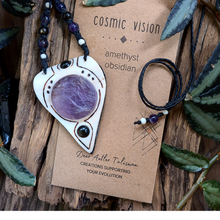 •| RAW AMETHYST | SILVERSHEEN OBSIDIAN | DEER ANTLER |• natural crystal necklace talisman
